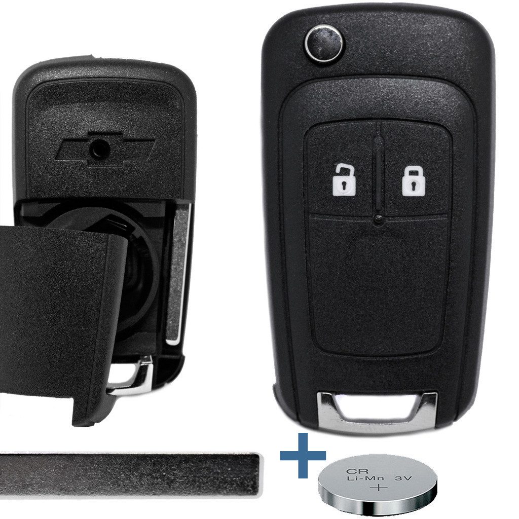 mt-key Auto Klapp Schlüssel Reparatur Gehäuse 2 Tasten + passende CR2032 Knopfzelle, CR2032 (3 V), für Chevrolet CRUZE ORLANDO AVEO KALOS MATIZ Funk Fernbedienung