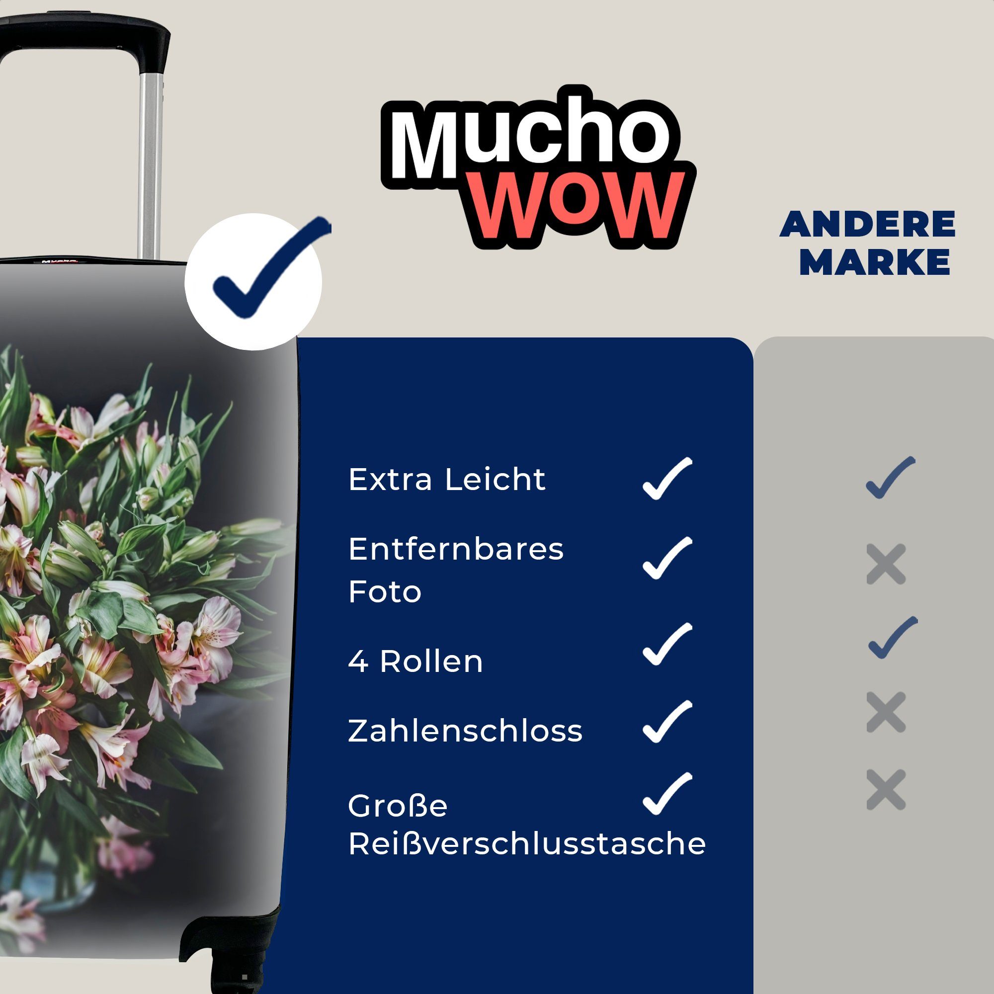 MuchoWow Handgepäckkoffer Blumen - Vase Schwarz, Reisekoffer Rollen, Trolley, Reisetasche Handgepäck Ferien, 4 rollen, mit - für