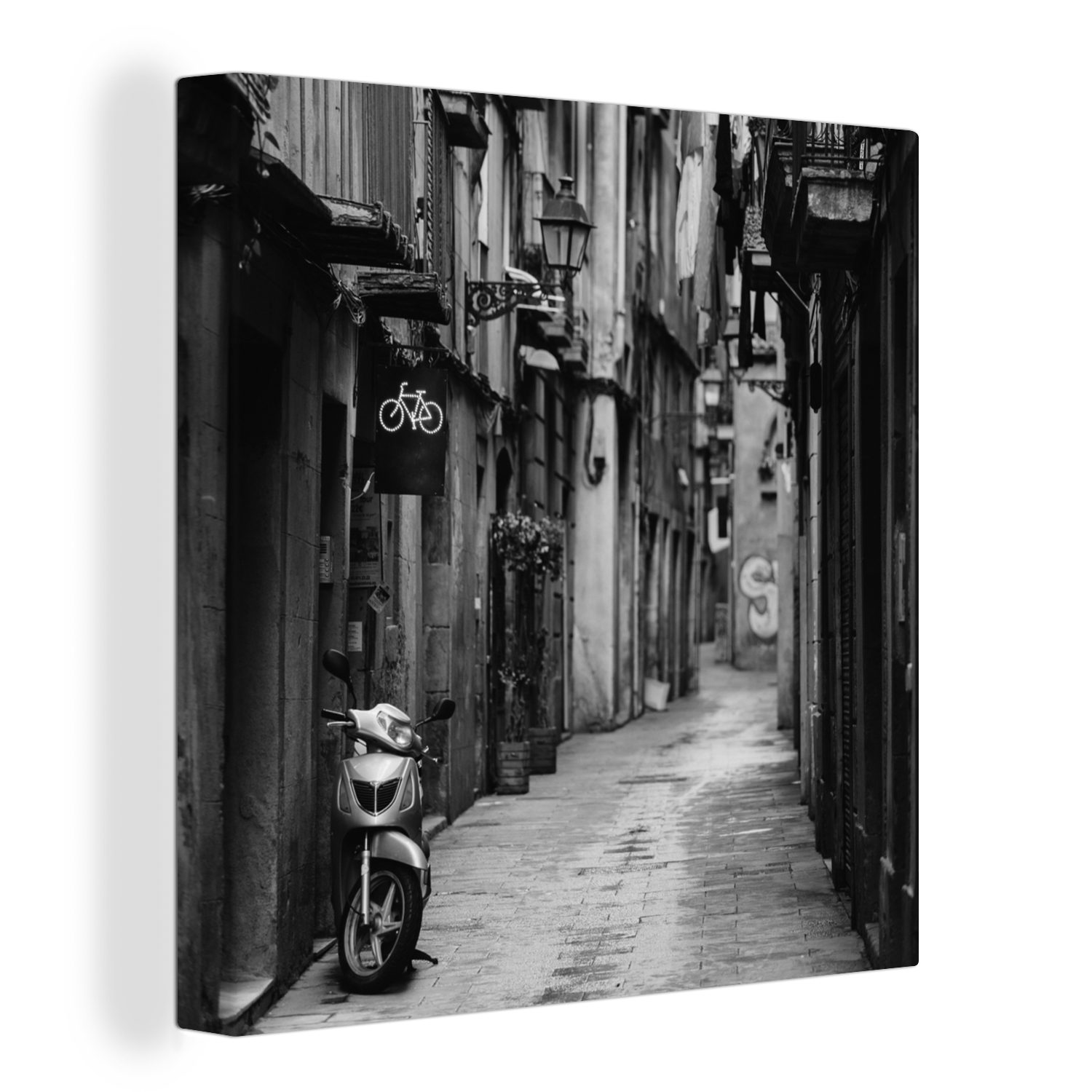 Weiß, Schlafzimmer für (1 Wohnzimmer Scooter - Leinwandbild Schwarz Leinwand St), - Bilder - Barcelona OneMillionCanvasses® - Straße