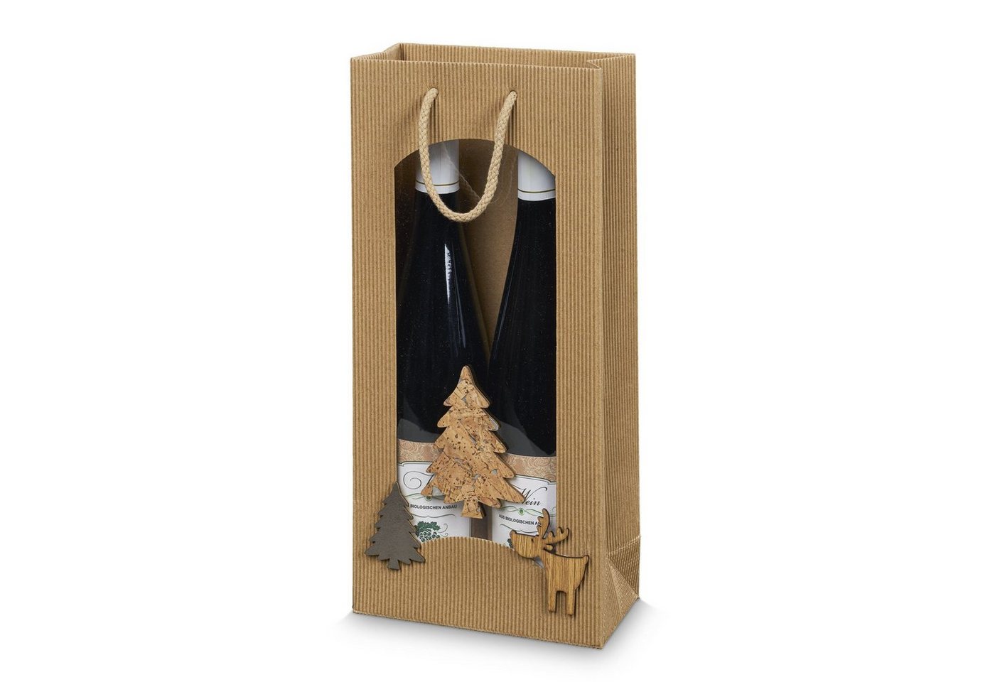 Thumbnail - KK Verpackungen Geschenkbox (500 St), Tragetasche 2 Flaschen 170x85x360 mm offene Welle Fenster Natur