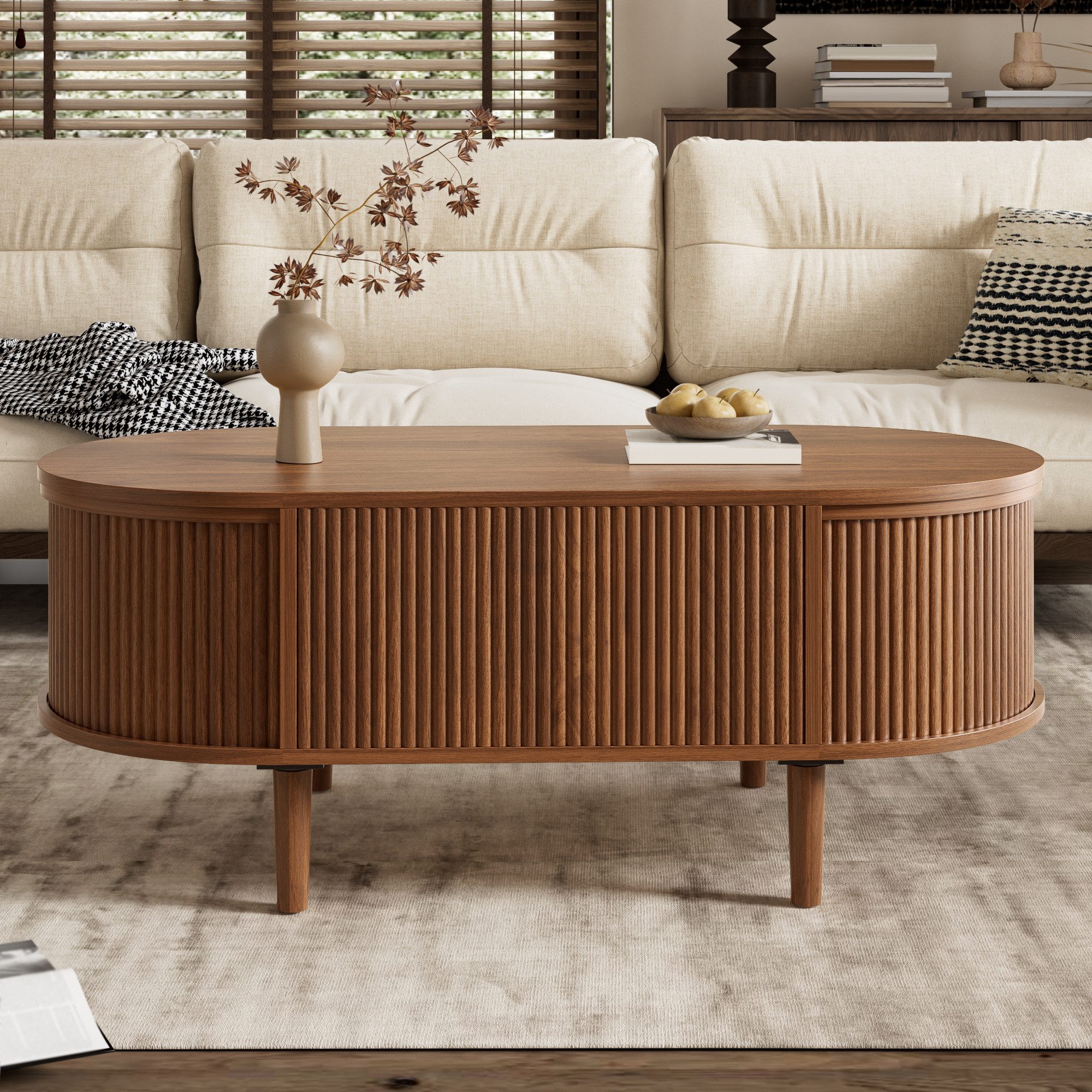 Merax Couchtisch anhebbarer Sofatisch oval Beistelltisch mit Liftfunktion & Holzoptik (100 x 48 x 54,5 cm, 1-St), Wohnzimmertisch mit verstecktem Stauraum, 3 Ablagefächern & Holzbeinen