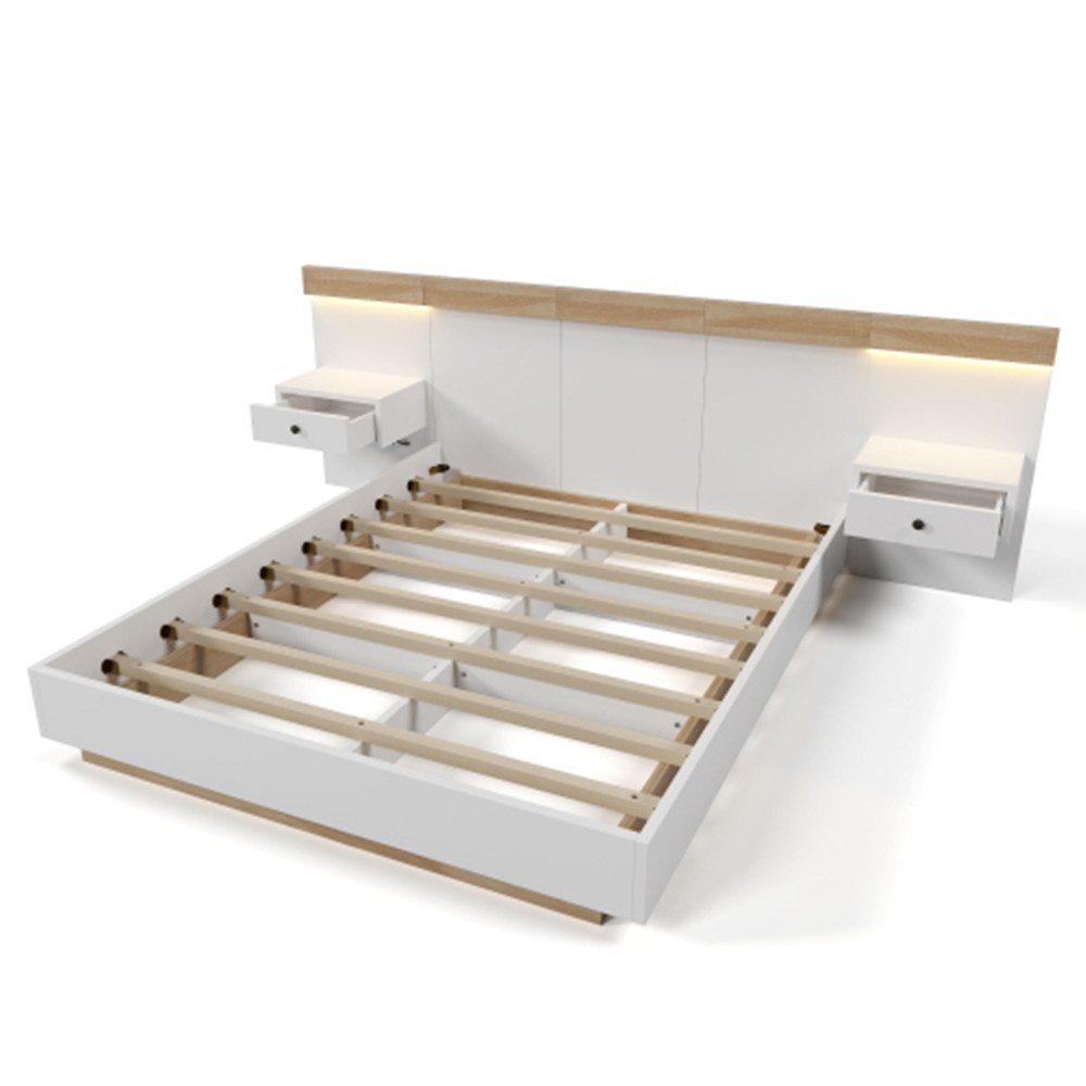 XDeer Holzbett Doppelbett Bettanlage mit 2 LED Nachtkommoden& USB C, Steckdose,Holzbett mit 2 Nachttischen Schlafzimmer