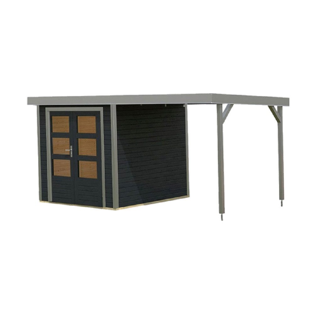 Karibu Gartenhaus Gartenhaus Hybrid Modern X anthrazit/staubgrau + Anbaudach und Boden, (1 Stück, Inkl. Anbaudach und Boden), Heller Innenraum durch Doppeltür mit 3 Lichtausschnitten