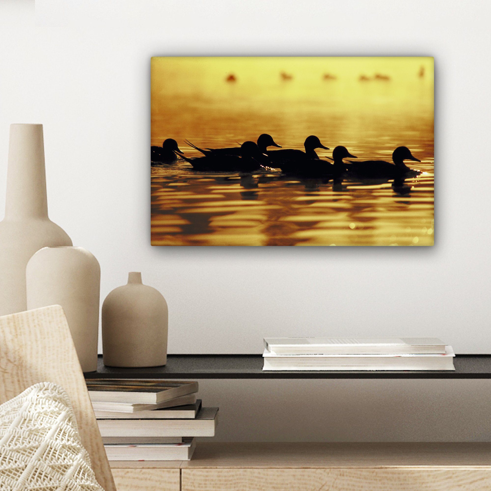 Wandbild Wasser Leinwandbild - Sonne, Leinwandbilder, Aufhängefertig, cm St), - 30x20 Wanddeko, OneMillionCanvasses® (1 Ente