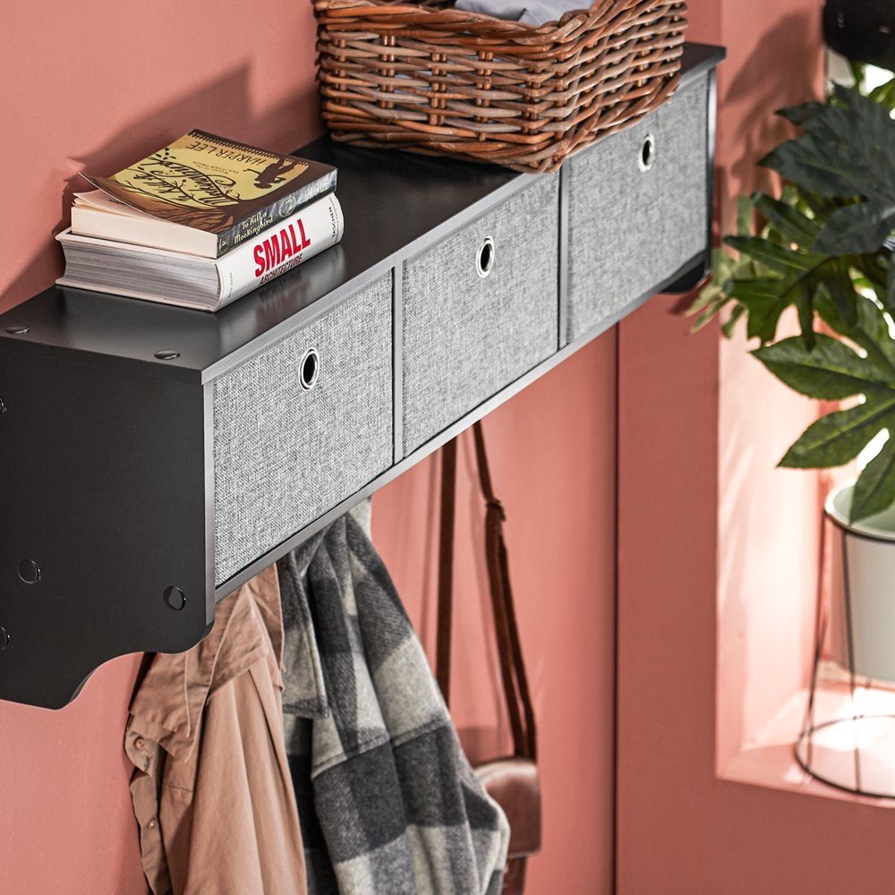 SoBuy Wandgarderobe FRG282, Wandregal, Schweberegal, Garderobenleiste, Flur, Schlafzimmer, Flurgarderobe Kleiderhaken Hängeregal mit 3 Körben, mit Haken – Bild 5 von 5