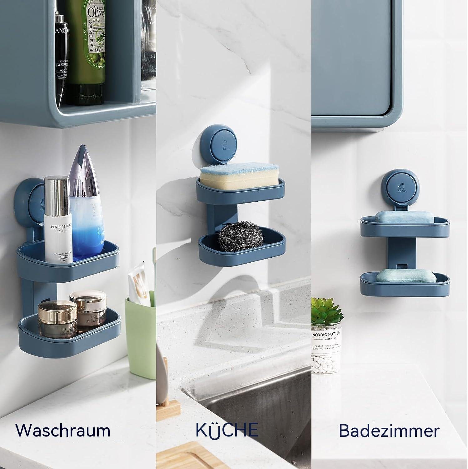 TUABUR Seifenhalter Doppel-Seifenschale, Saugnapfhalter, Blau stark, abnehmbar, Dusche/Küche