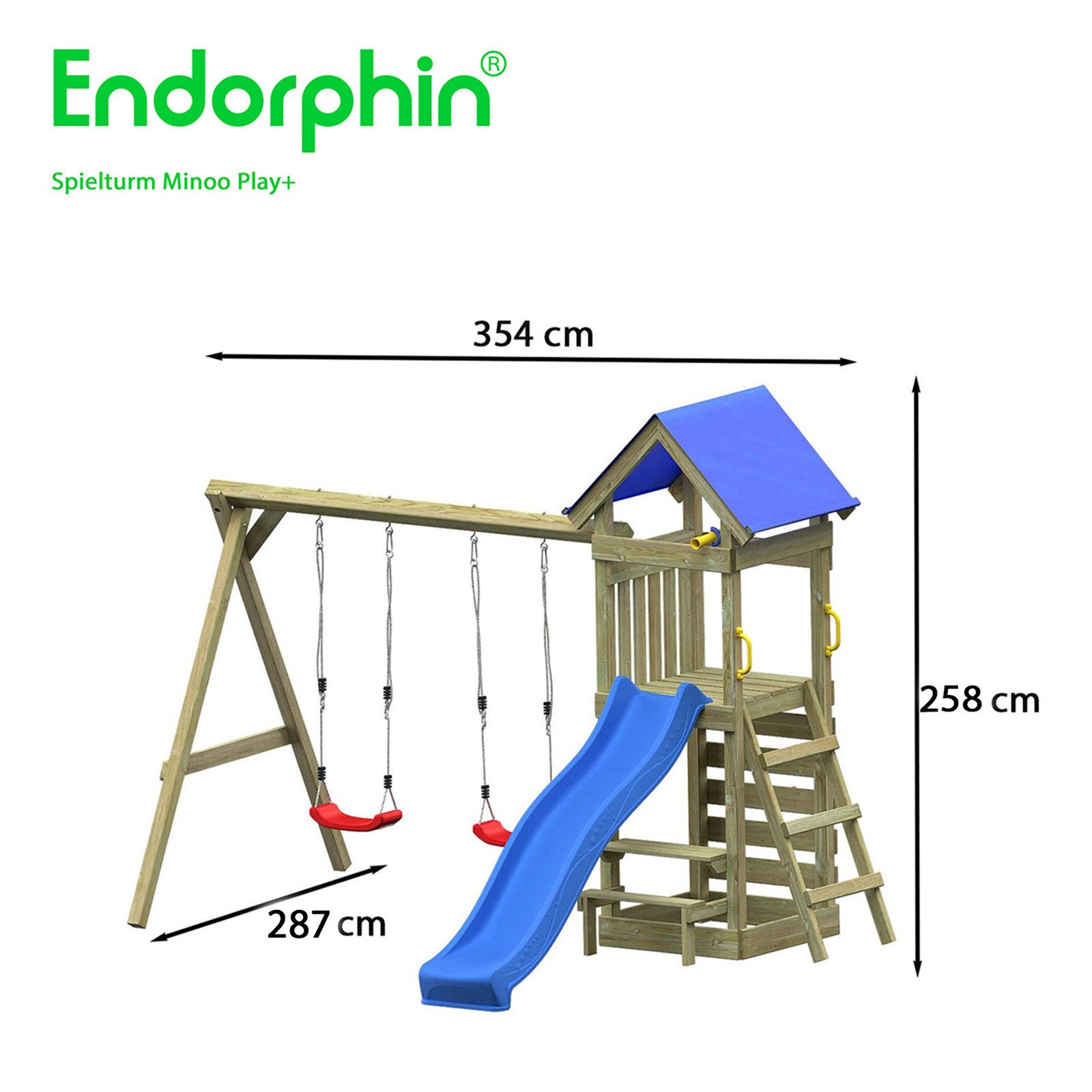 Endorphin Spielturm Spielturm Minoo Play+ mit Dach Leiter Rutsche blau Schaukel Kletterwan