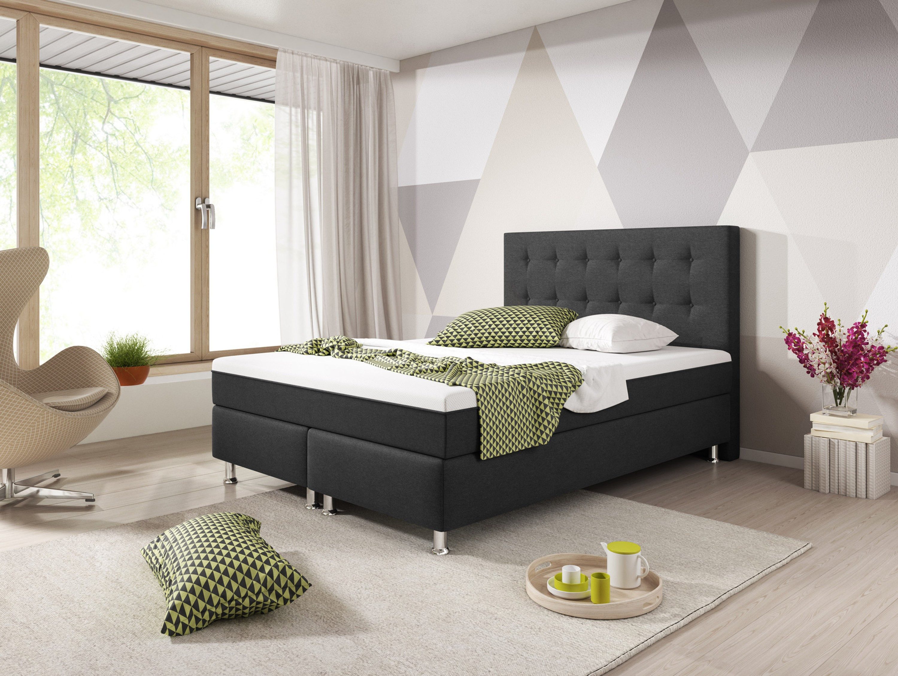 inter Boxspringbett Köln Plus 140x200 cm Webstoff (140x200 cm, Anthrazit), inkl. Matratze mit Bezug in Topper-Optik