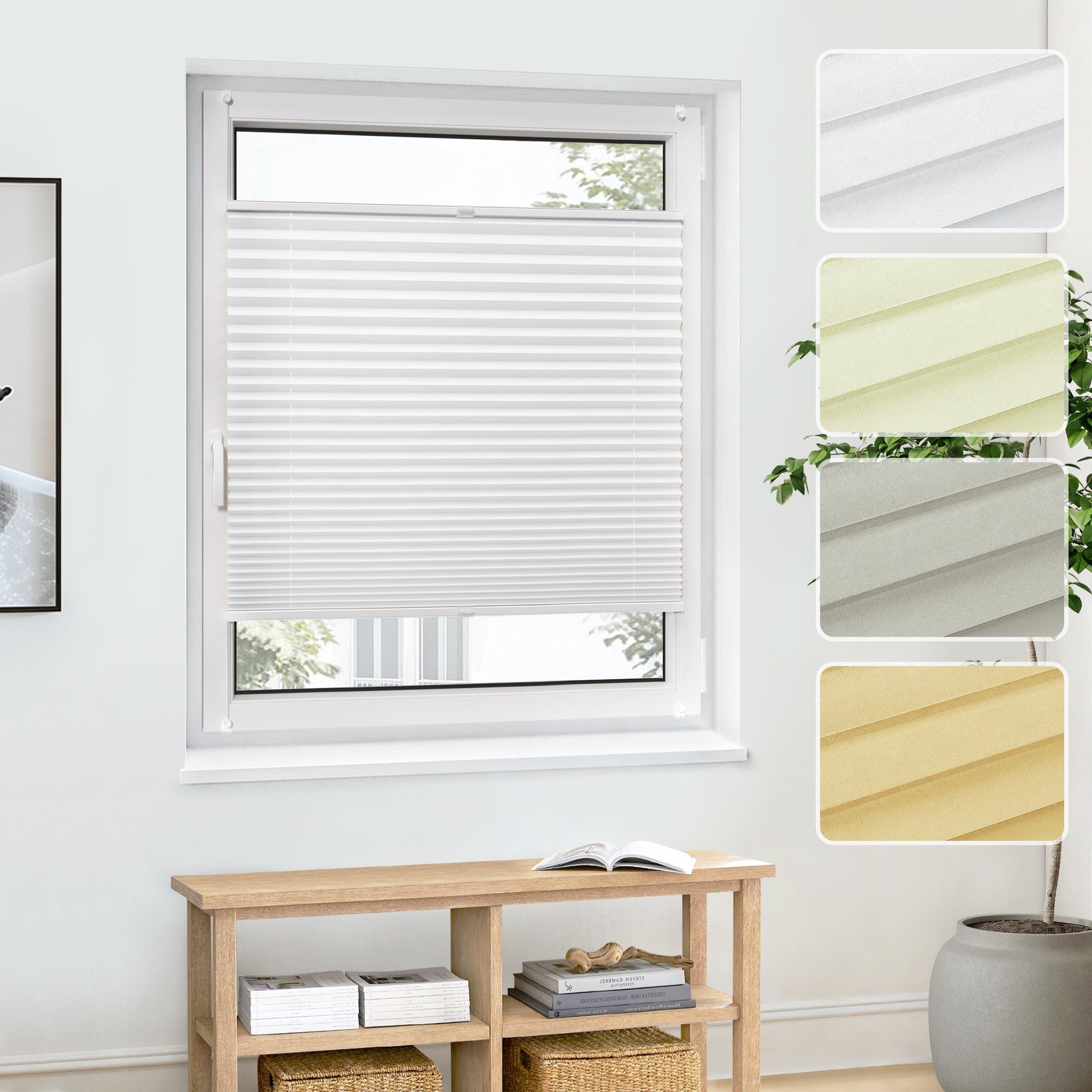 jalousiescout Plissee Pure Premium 55x100cm Weiß Klemmfix ohne Bohren, halbtransparent, ohne Bohren, verspannt, Klemmfix, Polyester-Stoff, blickdicht und lichtdurchlässig