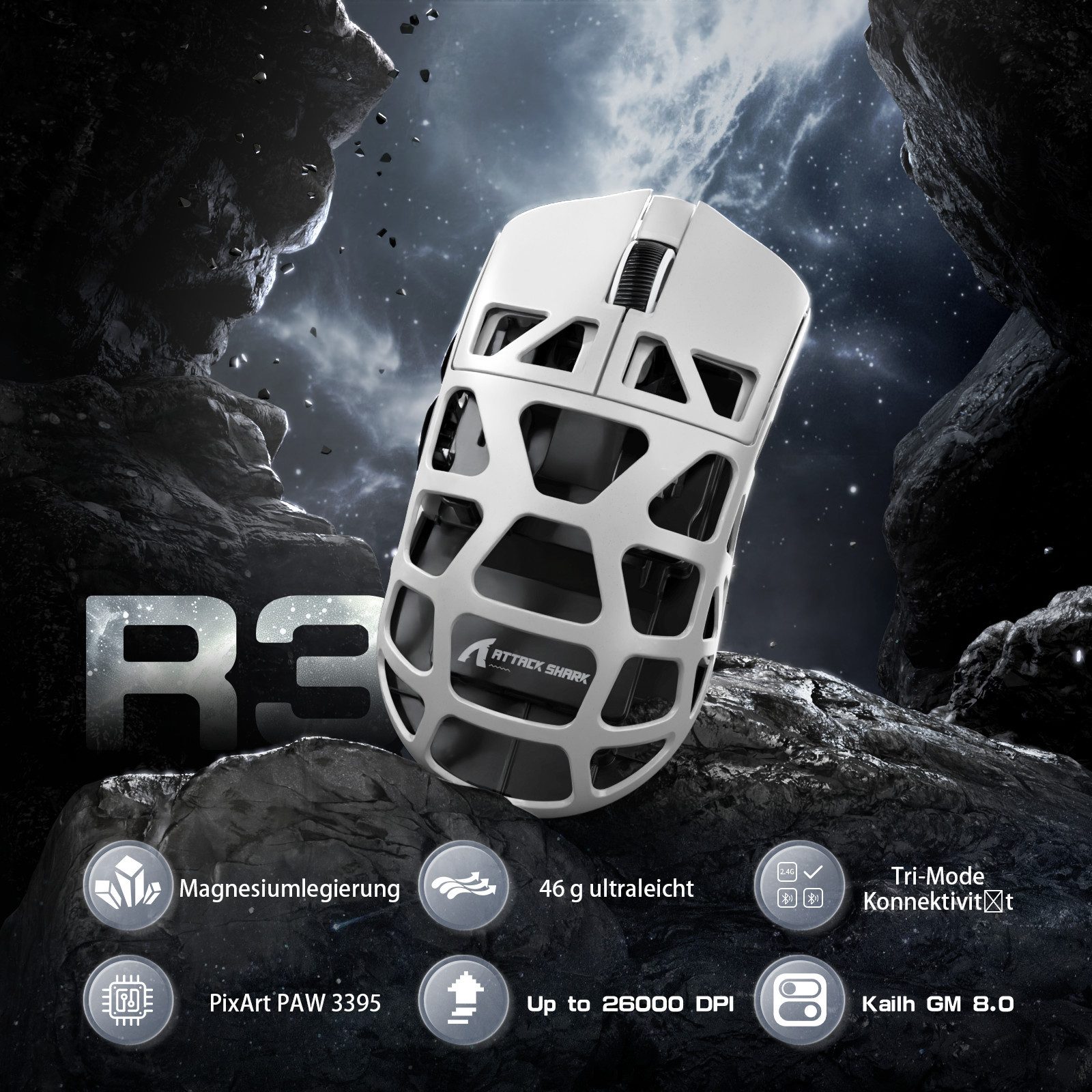 ATTACK SHARK R3 Kabellose Gaming-Maus aus Magnesiumlegierung, 8kHz, 48g Gaming-Maus (2.4G, Bluetooth, USB-C, 26000 dpi, PAW3395-Sensor,46g,8000hz,Magnesiumlegierung)
