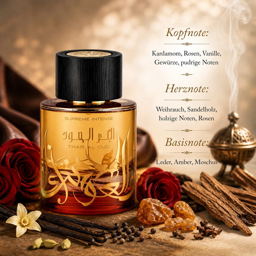 Lattafa Duft-Set Thara Al Oud Supreme Intense EDP 100 ml + Parfümzerstäuber (leer) Set