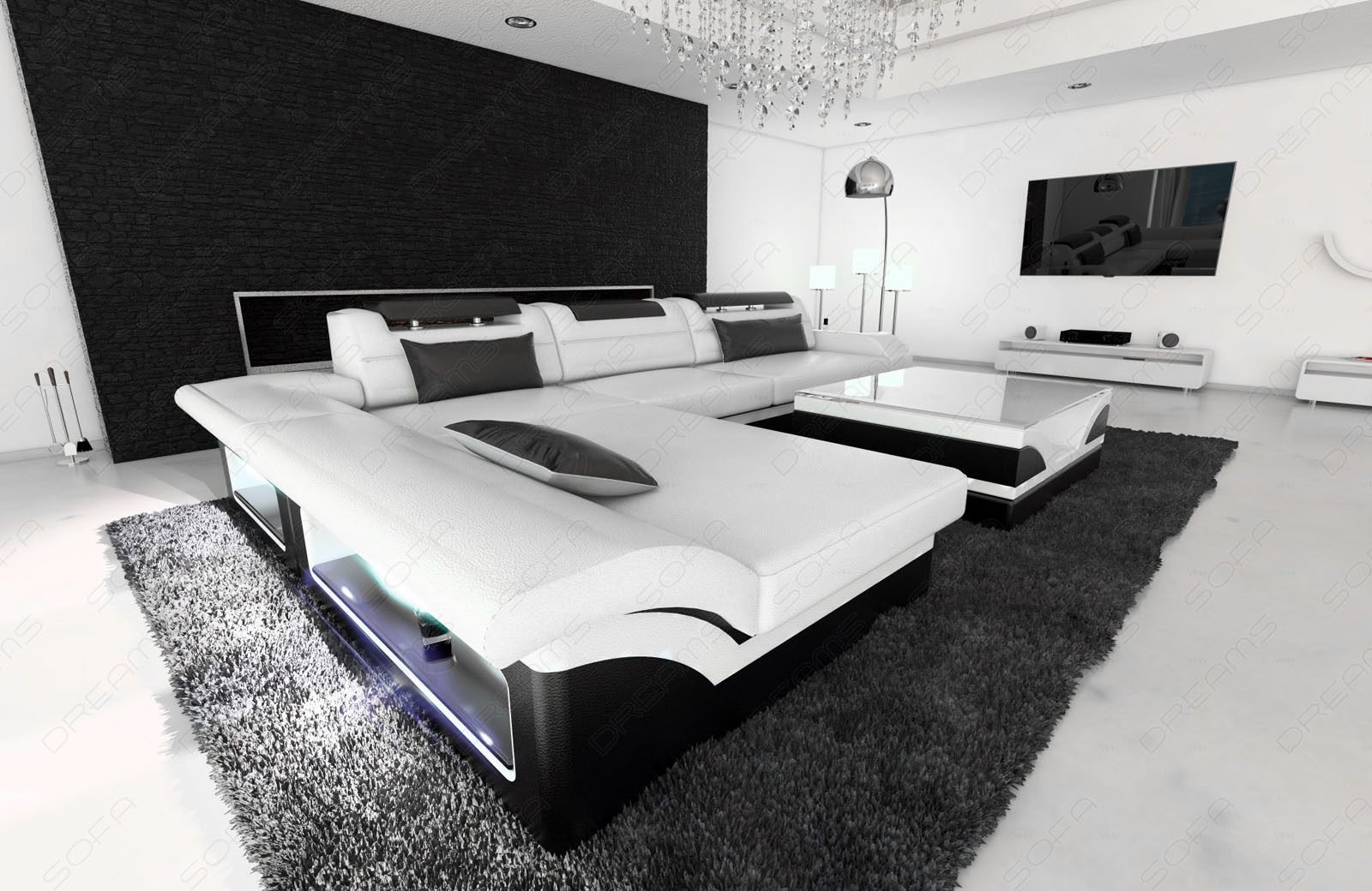 Sofa Dreams Ecksofa Monza L Form Mini Leder Couch mit Ottomane und 60cm Sitzbreite, Ottomane, 4-Sitzer, Design Couch, LED-Beleuchtung, viele Farben