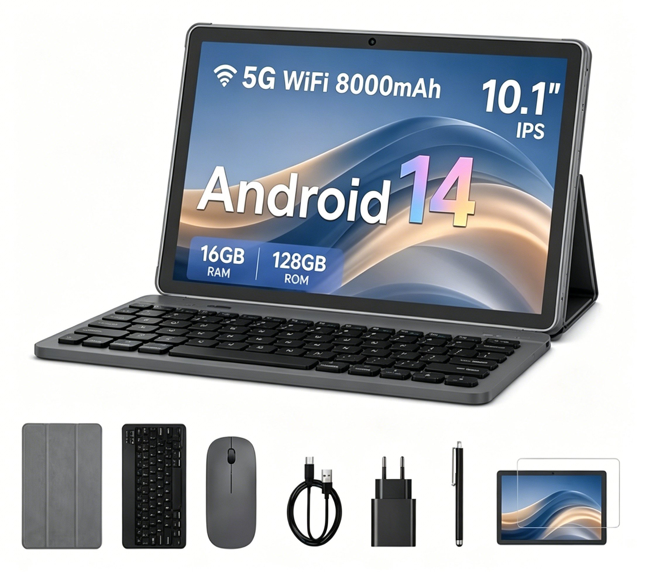 VASOUN TAB11 Android Tablet mit Tastatur,Stift, Maus,10 Zoll, 8000mAh Tablet (10.1", 128 GB, Android, (5G wifi/Octa core/8MP/zwei Lautsprecher)