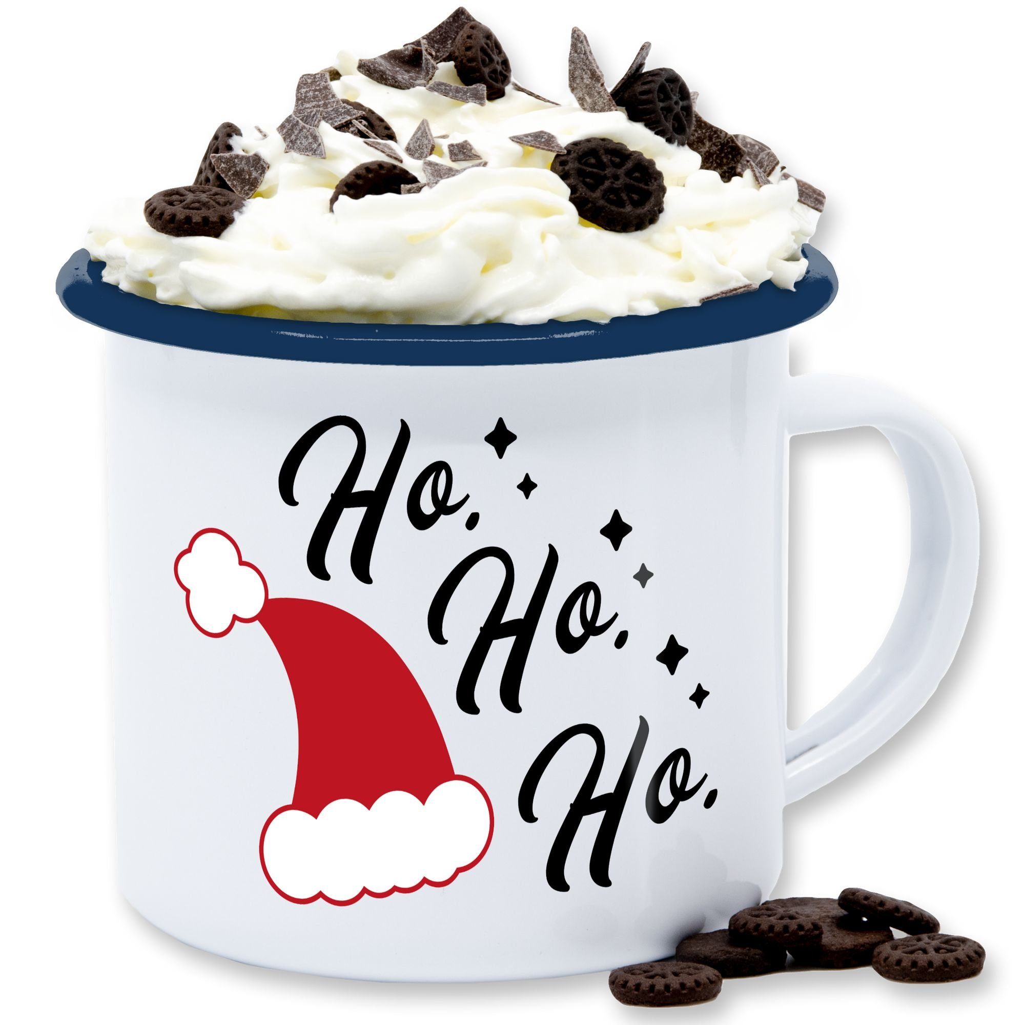 Shirtracer Tasse Ho Ho Ho - Santa Mütze, Stahlblech, Weihnachtstasse 3 Weiß Blau