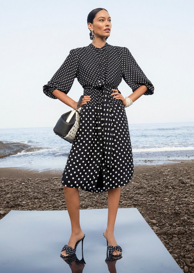 MADELEINE Midikleid Tupfenkleid mit Wickeloptik Sommerkleid mit Rundhals, Knopfleiste, Bindeband, Taschen und Langarm