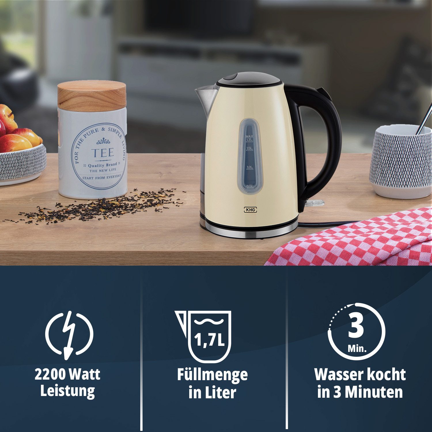 KHG Wasserkocher Wasserkocher WK-1707 in creme aus Edelstahl, 1,7 Liter, 1.7 l