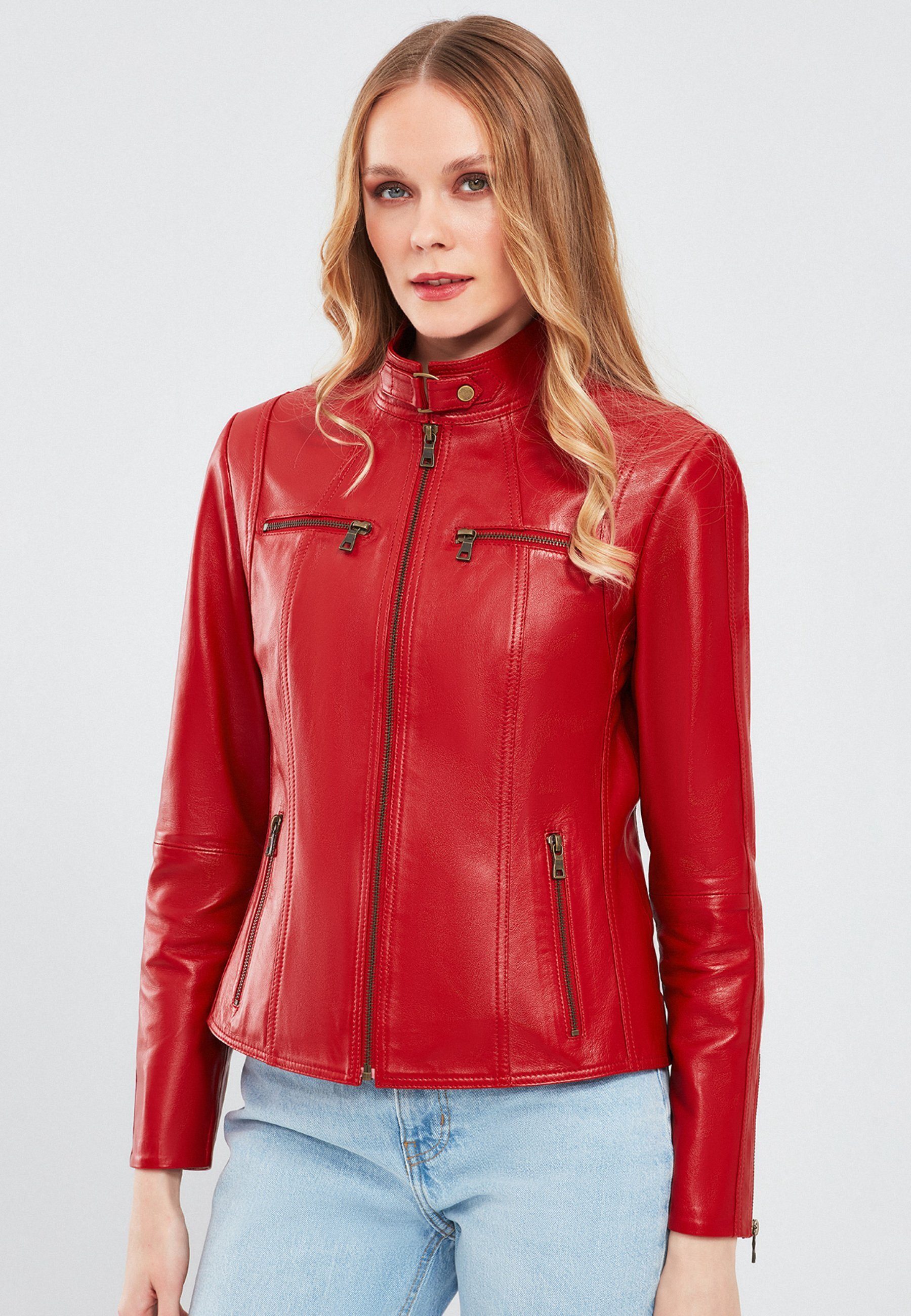 Derimod Lederjacke Maria Kurze Lederjacke Regular Fit, Reißverschluss, Stehkragen, Kurz, Textilfutter