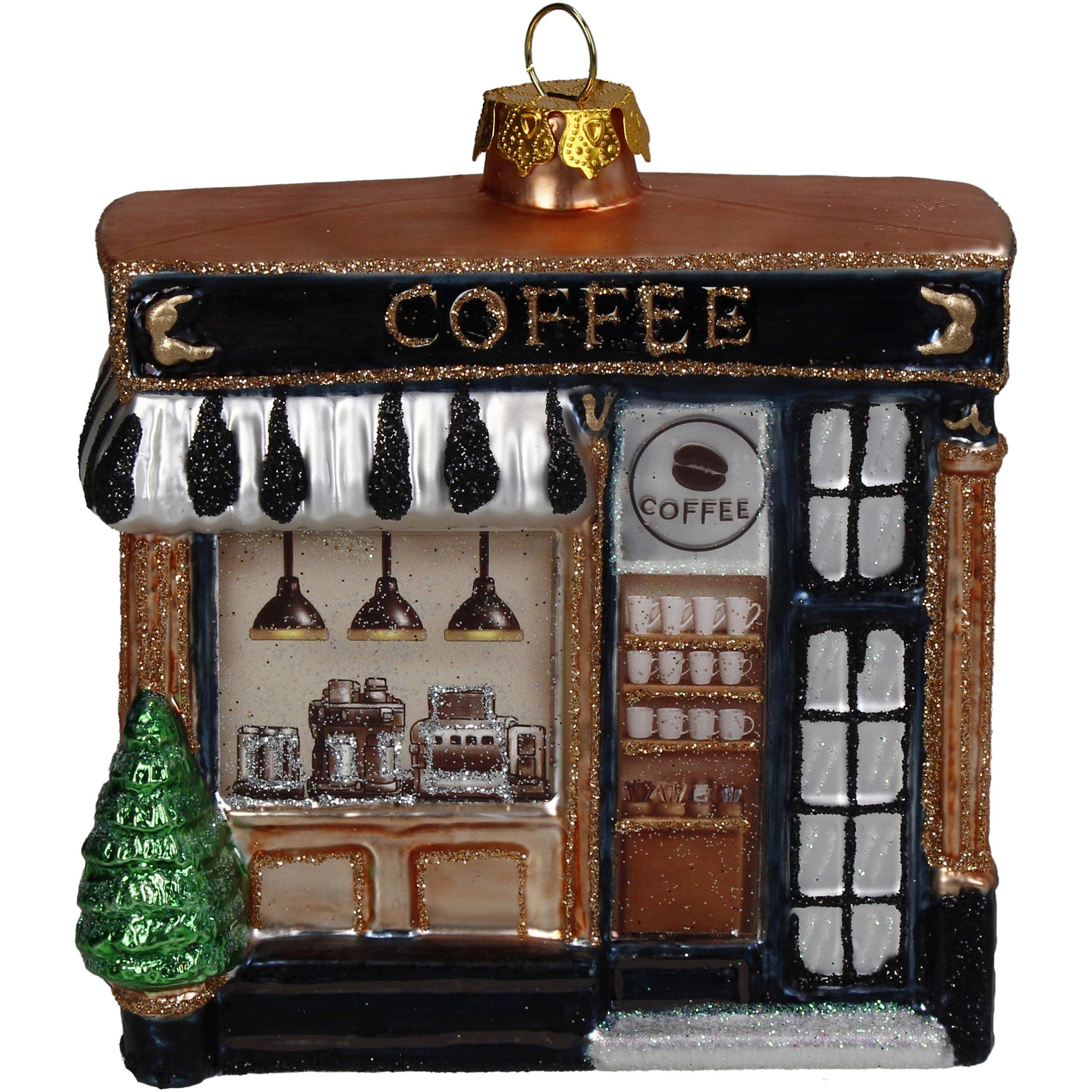 HD Collection Christbaumschmuck, Christbaumschmuck Glas 12,5cm Coffee Shop Figur Schwarz / Braun