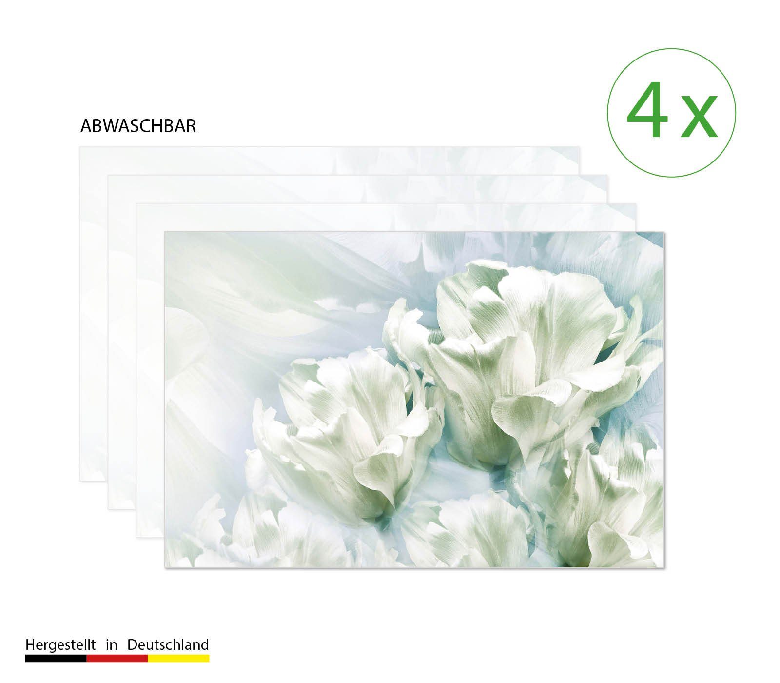 cover-your-desk.de Platzset Tischset, Platzset abwaschbar - Romantische weiße Tulpen - aus Premium Vinyl (Kunststoff - BPA-frei) - 4 Stück - 44 x 32 cm - rutschfeste Tischdekoration!, (4-St)