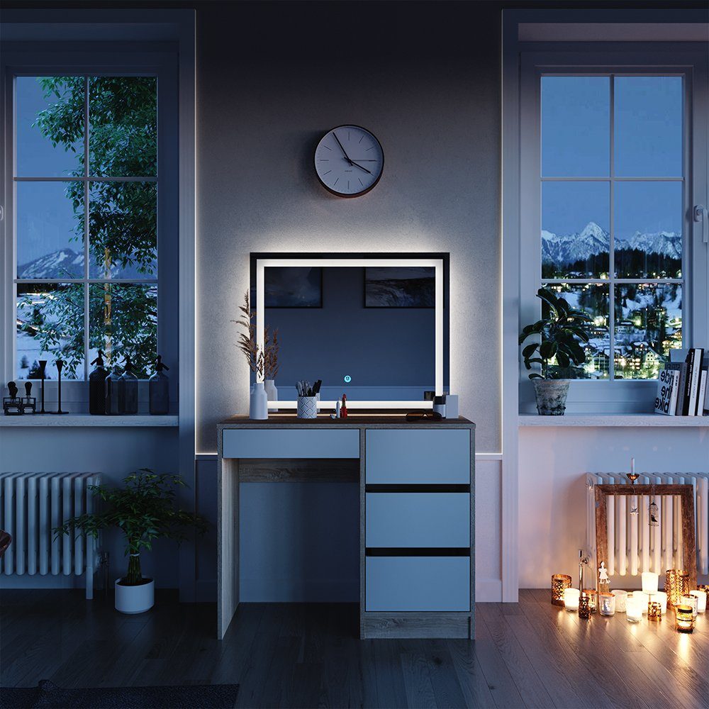 Schminktisch Sherry, Sonoma/Weiß, 90 cm mit LED-Spiegel