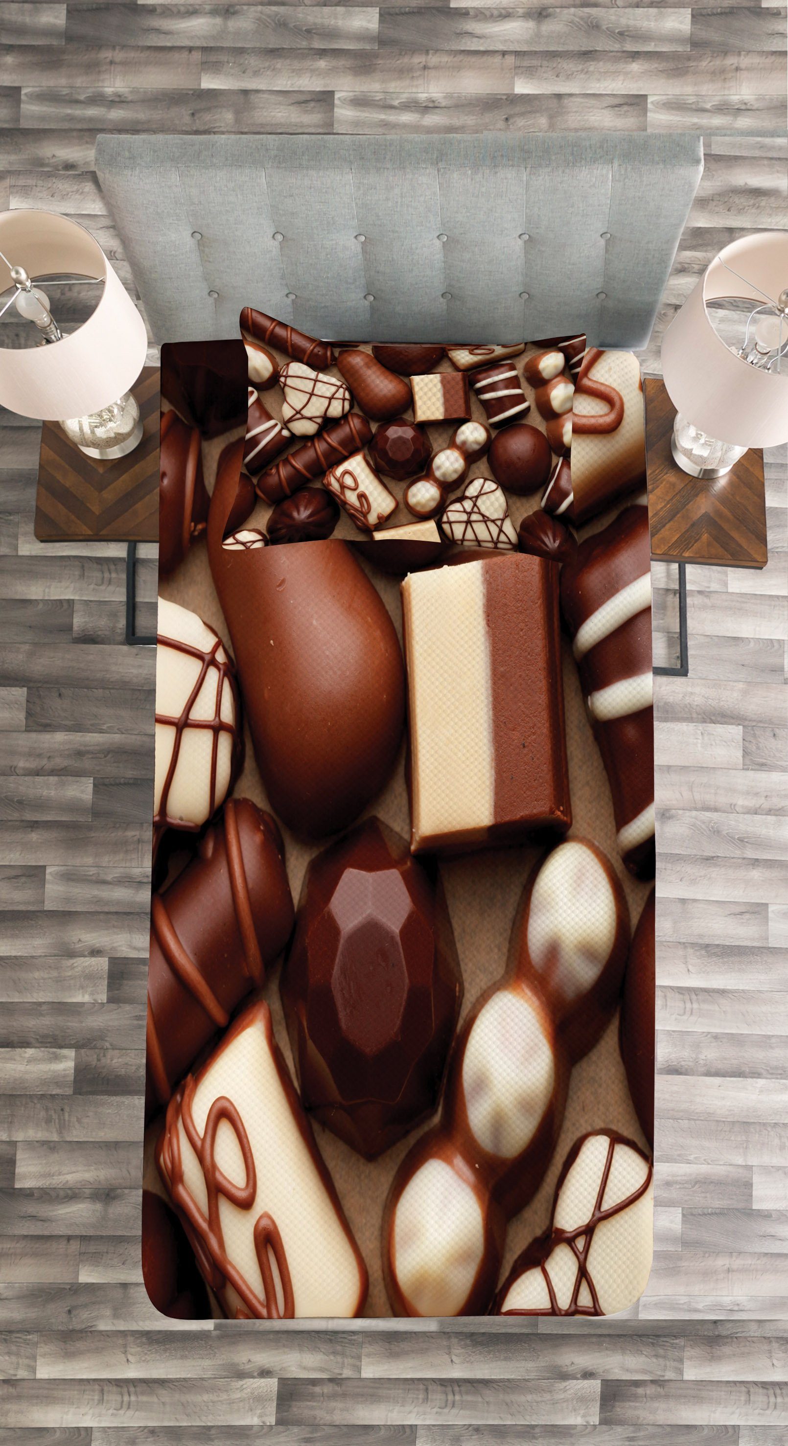 Trüffel Tagesdecke Süßigkeiten Set Abakuhaus, Waschbar, mit Süßigkeiten Kissenbezügen Schokolade