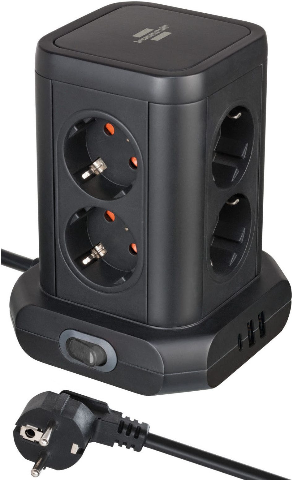Brennenstuhl Steckdosenturm 8-fach Steckdosenleiste 11-fach (Ein- / Ausschalter, USB-Anschlüsse, Klappendeckel, Schutzkontaktkupplung, Schutzkontaktstecker, Überspannungsschutz, Kabellänge 2 m)