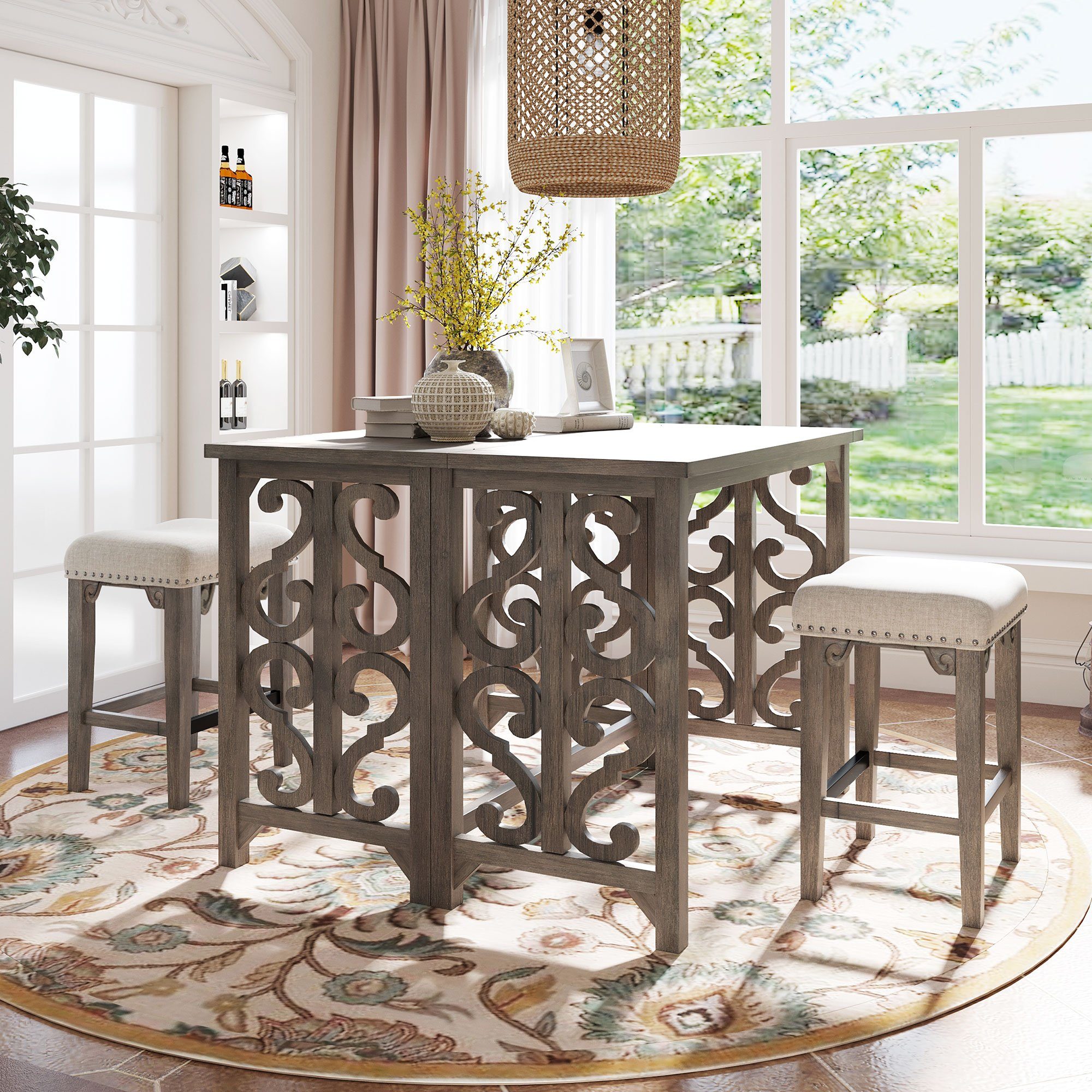 Flieks Essgruppe, (3-tlg), ausziehbarer Tisch + 2 Hocker Massivholz hellbraun