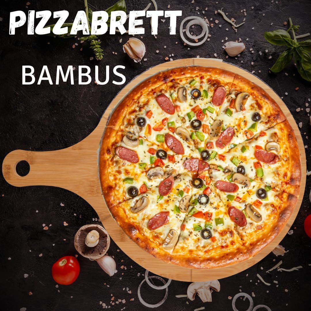 hausleben Pizzaschneidebrett Pizzabrett - Rundes Schneidebrett mit Griff und Schneiderillen, Bambus Pizzabrett, (Holz Pizzateller für Flammkuchen, 6-St., 2 Servierplatten), Holzteller Servierbrett für Pizza, Leicht zu Reinigen