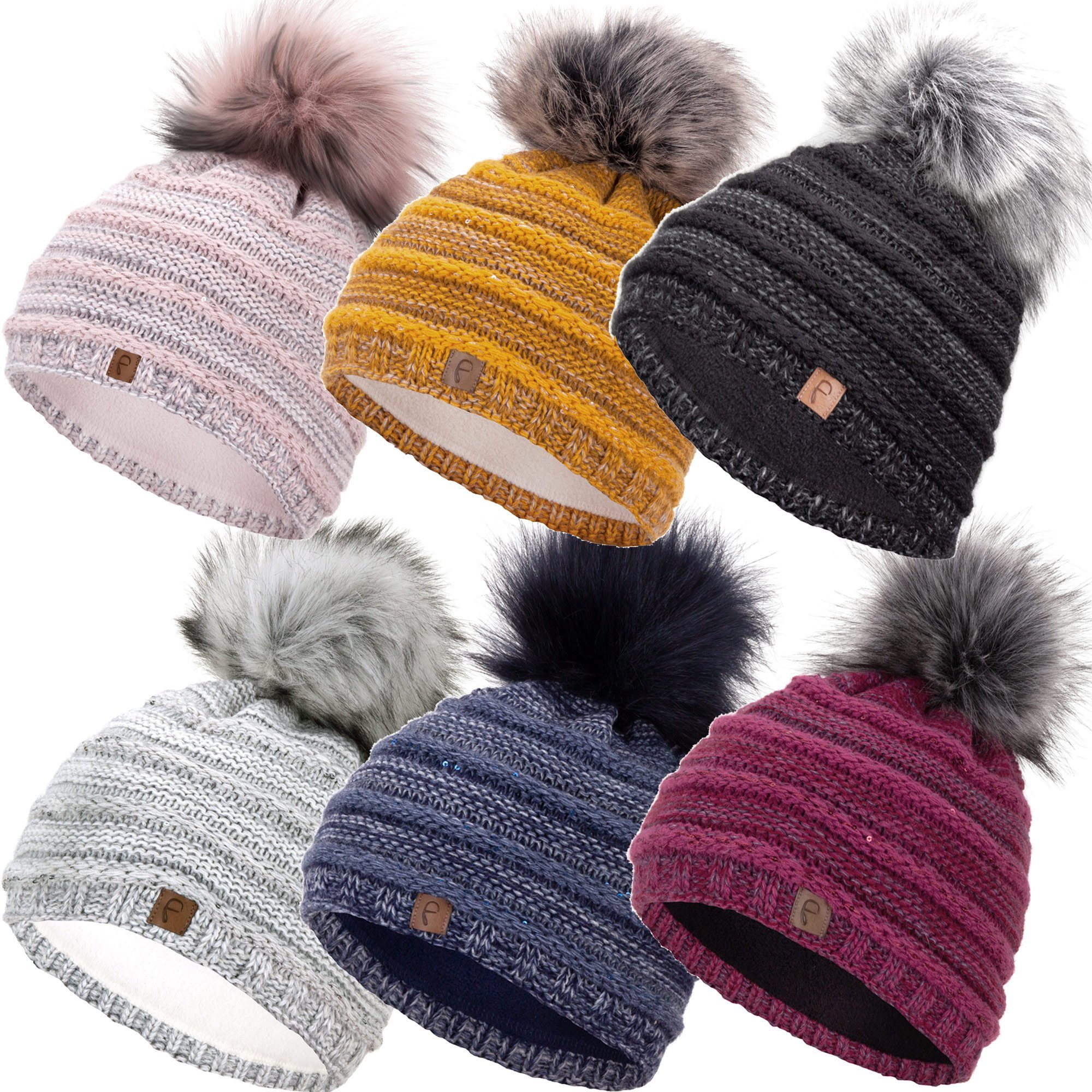 Bommelmütze Faera Haube Strickmütze Wintermütze jeansblau Mütze gefüttert Bommelmütze Beanie Damen