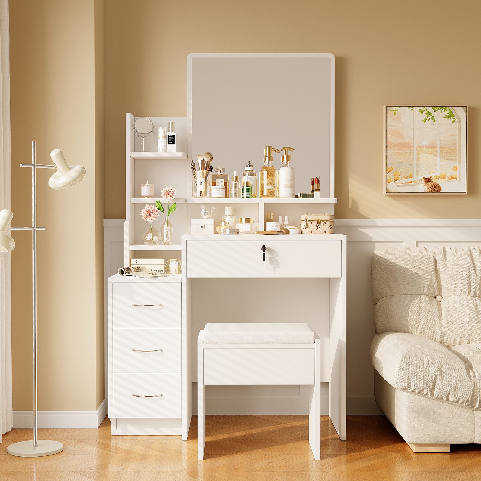 Dripex Schminktisch Set mit Spiegel und Hocker 4 Schubladen, 7 Ablagefächer günstig online kaufen