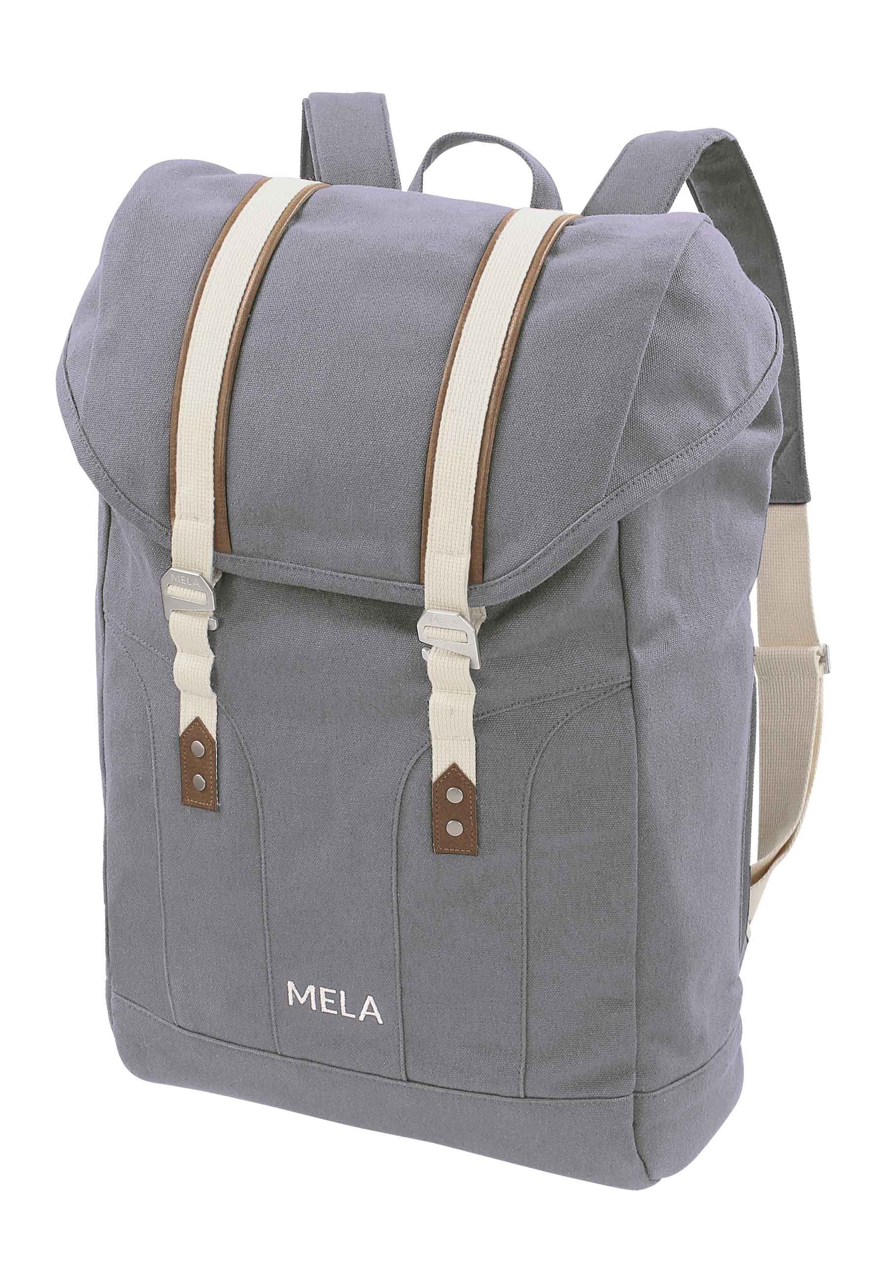 MELA Rucksack Rucksack MELA V, Laptopfach bis 15" - extra abgetrennt und gepolstert (Maße ca. 41cm x 29cm) & Seitlich verstecktes Reißverschlussfach für Kleinteile wie Schlüssel, Handy und Kosmetika grau