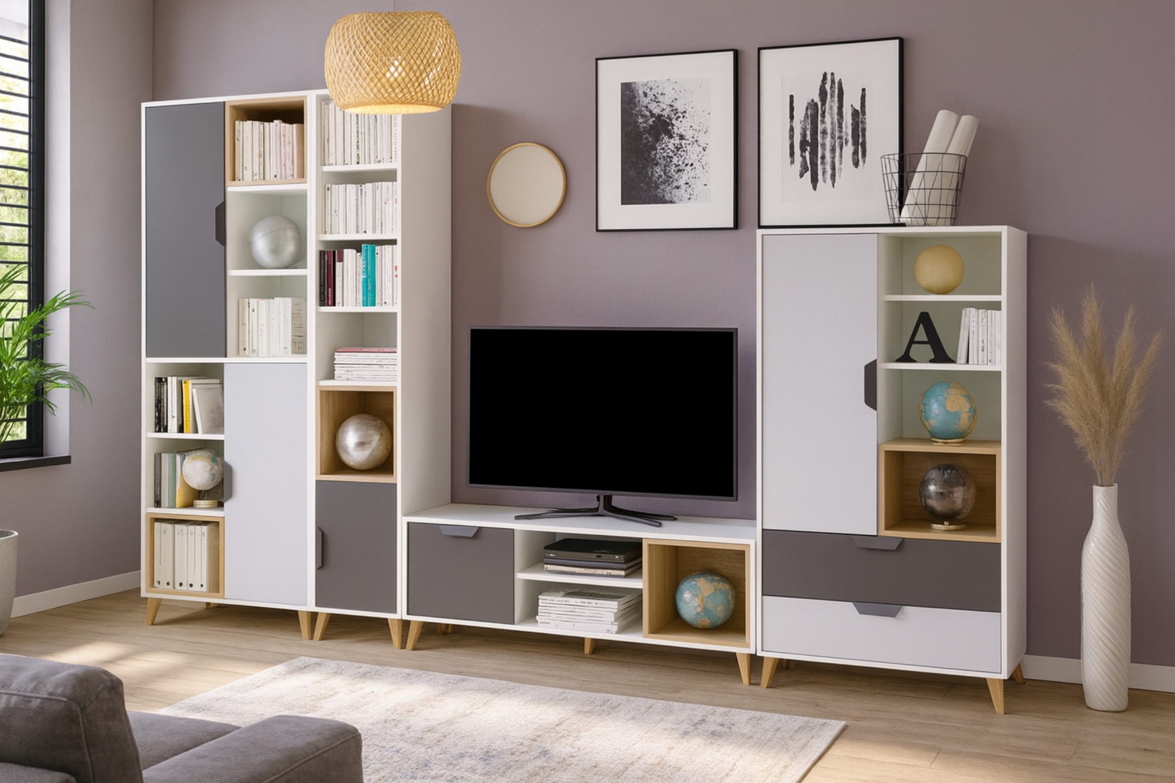Deine Möbel 24 Wohnzimmer-Set JUSTIN 2 Wohnwand stehend Scandi Still 320 cm, (SET 3 + 4 + 10 + 5, 4-St., Weiß / Graphit / Grau / Eiche), bestehend aus Regal, TV-Schrank, Hochregal, Hochkommode