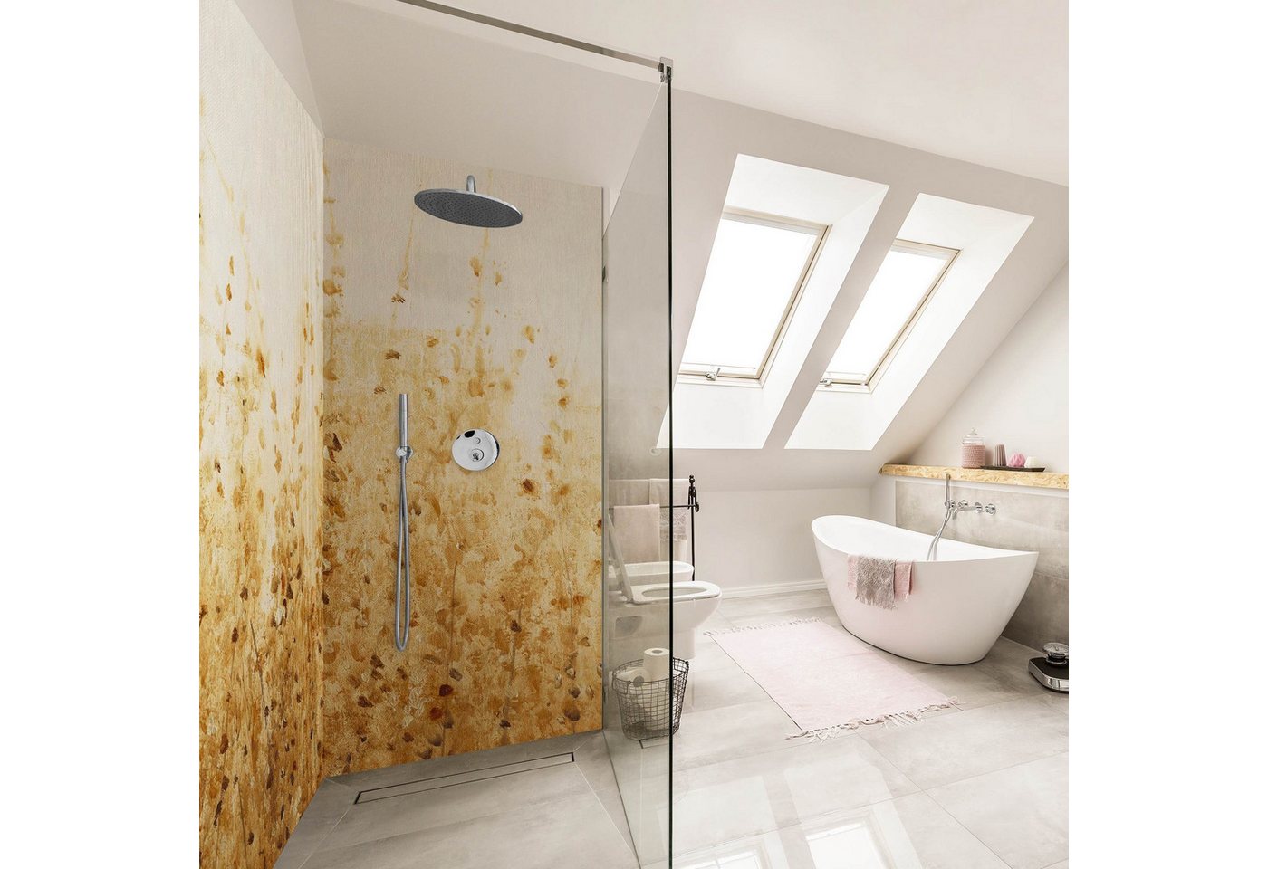 Thumbnail - Bilderdepot24 Duschrückwand Blumen beige Duschrückwand ohne Bohren Dusche Motiv Muster, (2-tlg., 0,61 mm starke Folie se...