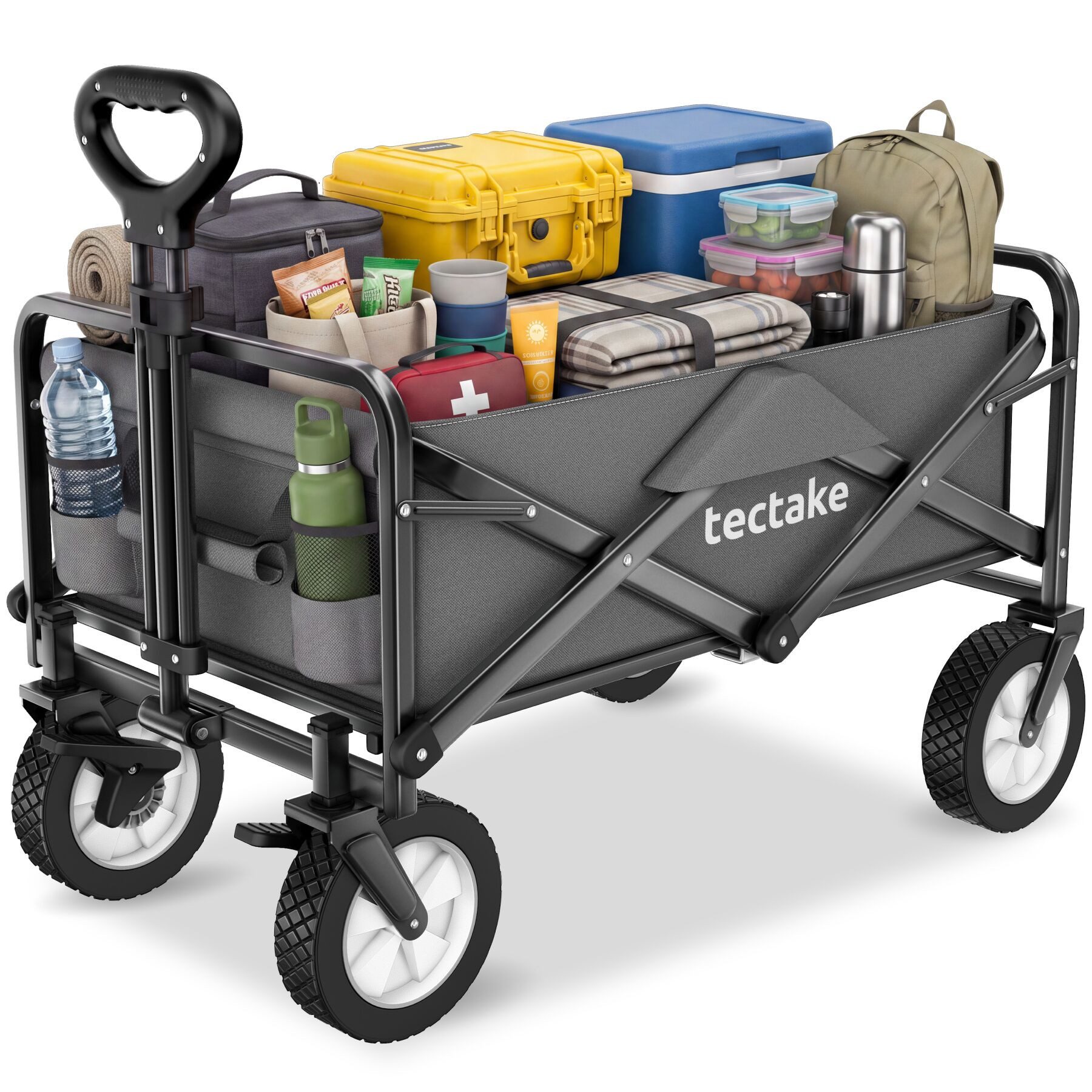 tectake Bollerwagen Faltbarer Handwagen Leon mit Bremsen, Belastbarkeit 80kg (1 Transportwagen, 1-tlg., 97L Volumen in Grau), faltbar