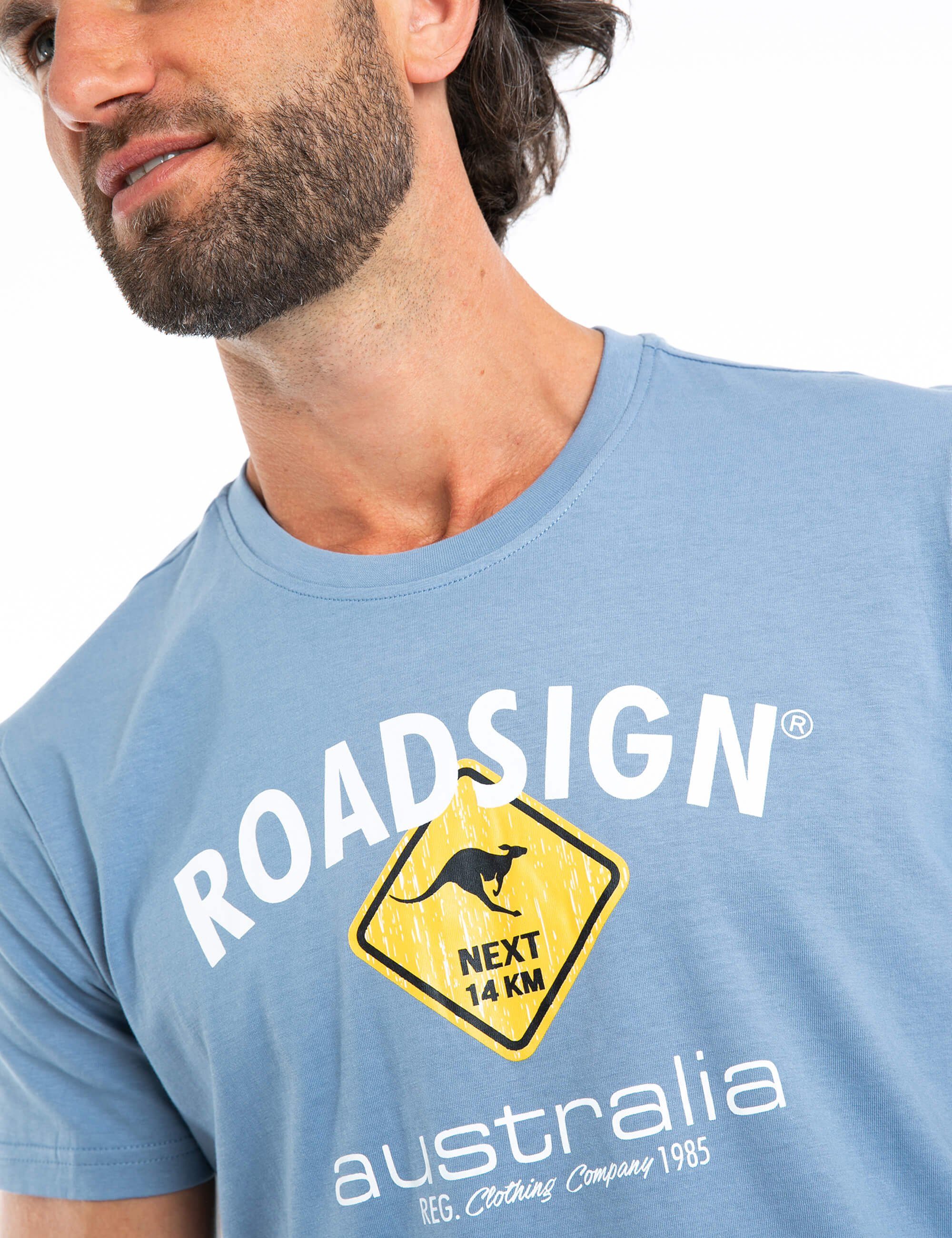 Rundhalsausschnitt, T-Shirt und Logo-Aufdruck % ROADSIGN jeansblau mit Logoprint Baumwolle (1-tlg) 100 australia