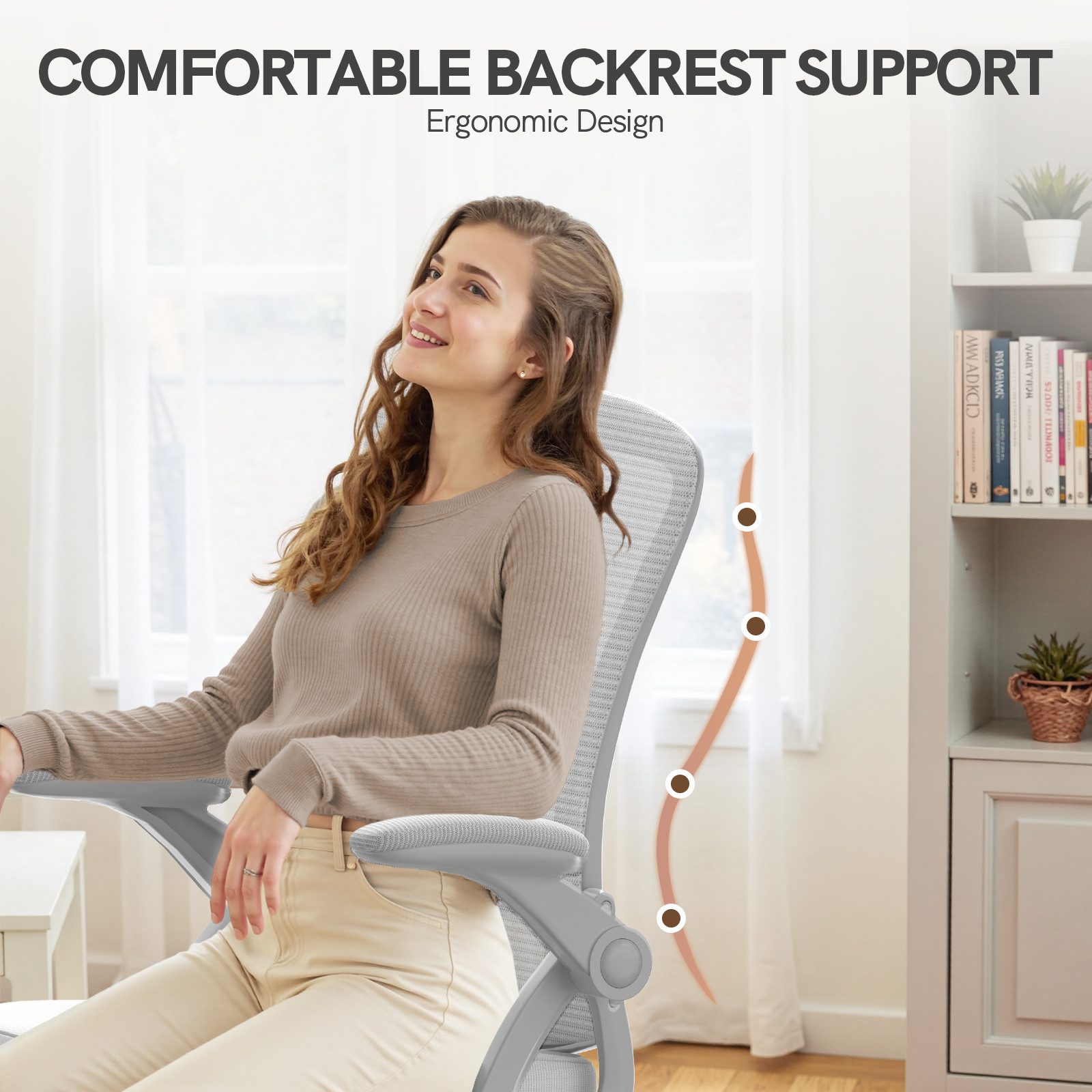 ZAISZE Bürostuhl Bürostuhl – Ergonomischer Sitz – Sessel mit 90° klappbarer Armlehne (Platz sparen), Lordosenstütze – höhenverstellbar – Bild 4 von 5