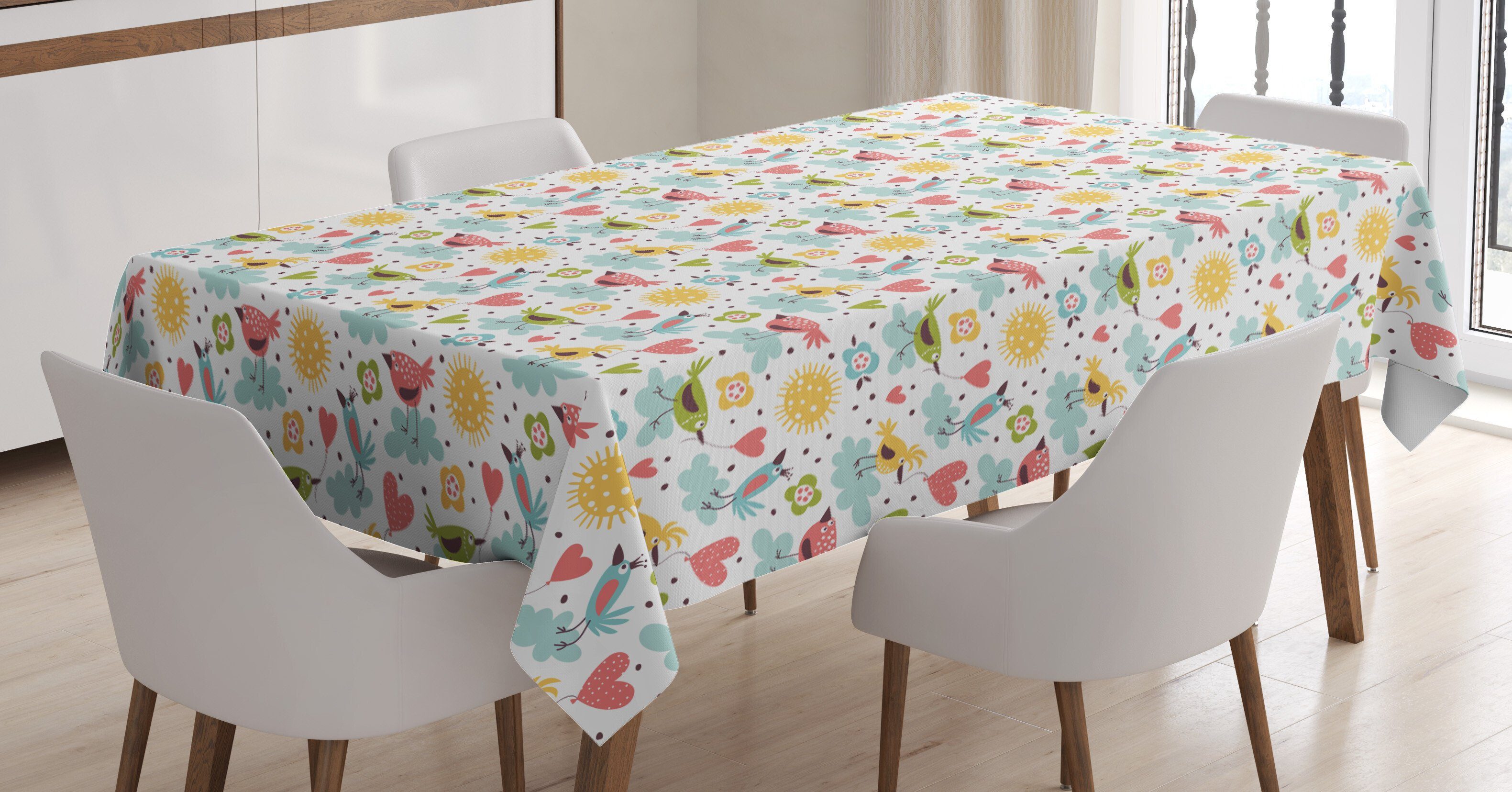 Abakuhaus Tischdecke Farbfest Waschbar Für den Außen Bereich geeignet Klare Farben, Kindergarten Vögel Herzen und Blumen