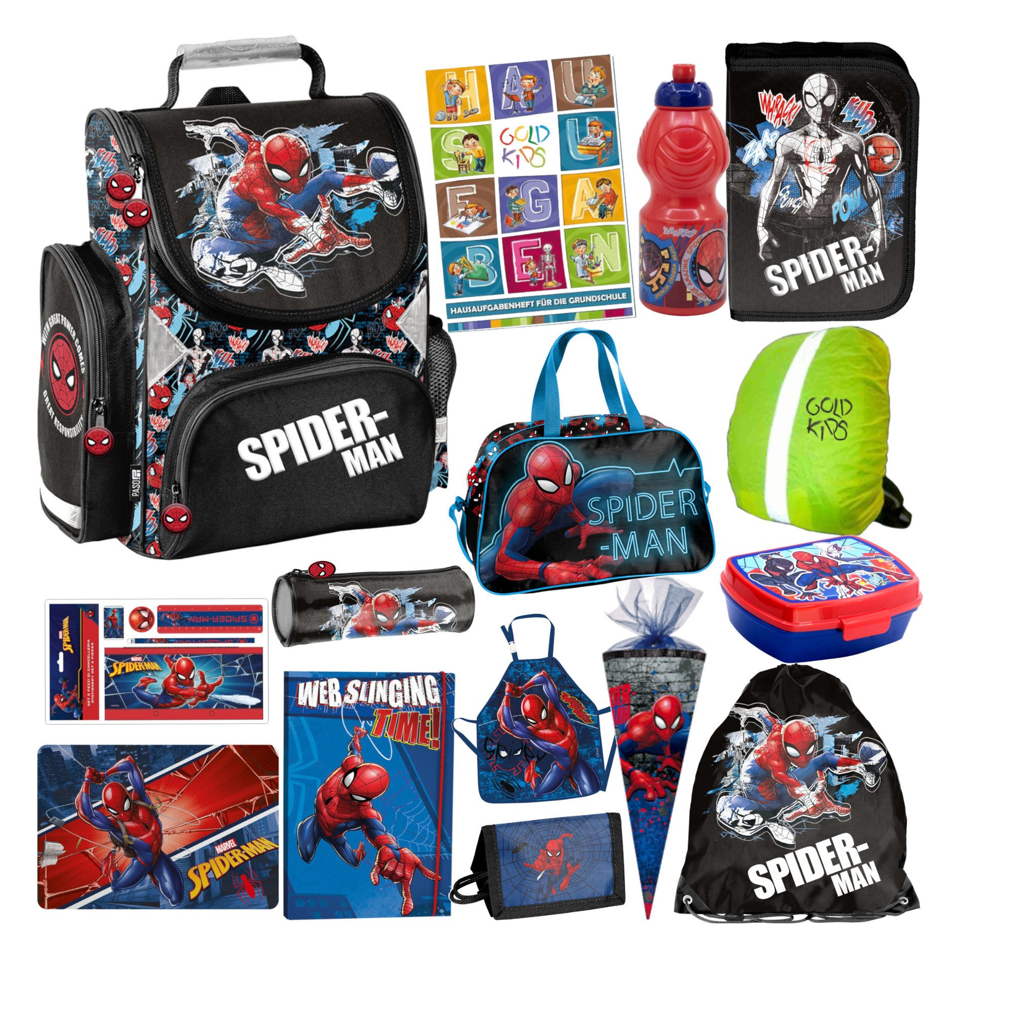 GOLDKIDS Schulranzen für Jungen, 15er-Set - (Schul-Rucksack für Kinder mit Federmäppchen, 1-tlg., - Schuhbeutel Brotdose und Trinkflasche), - Spiderman Motiv - 1-3 Klasse