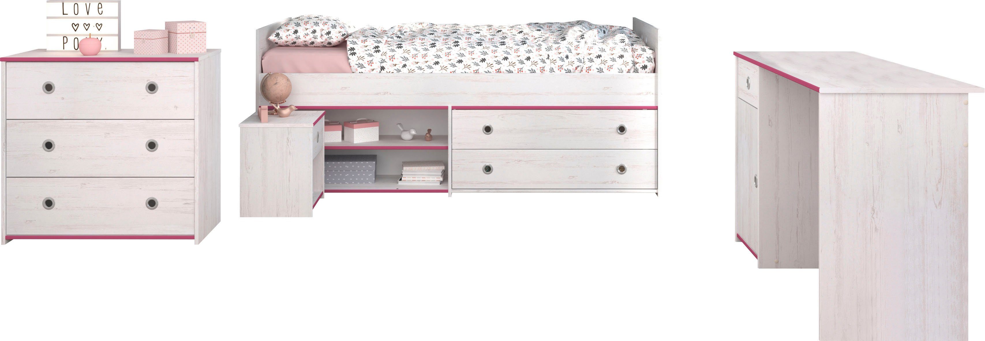 Parisot Jugendzimmer-Set Smoozy, (4-tlg., Stauraumbett, Nachttisch, Schreibtisch und Schubkastenkommode)