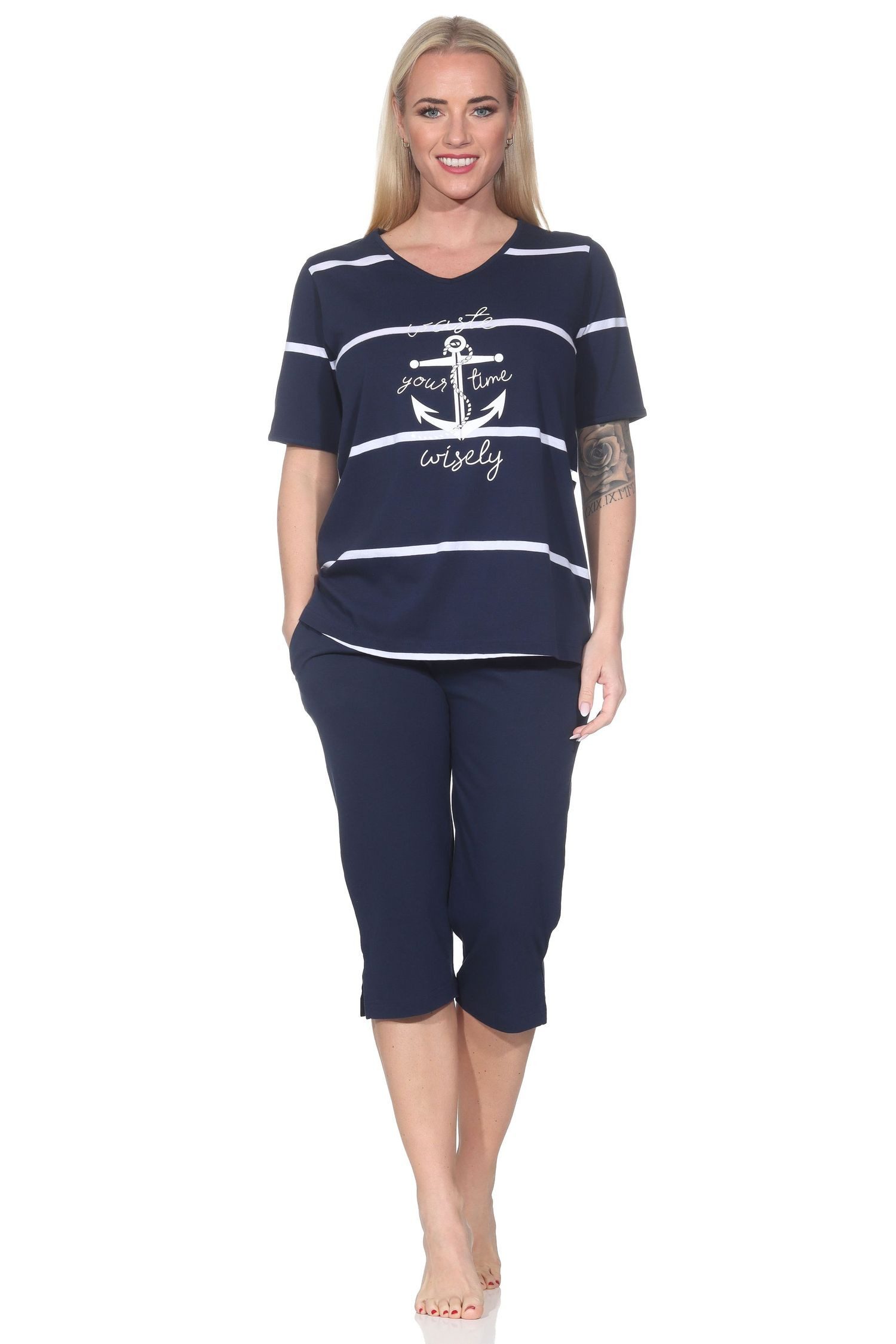 Normann Pyjama Maritimer Damen kurzarm Capri Schlafanzug mit Anker Motiv