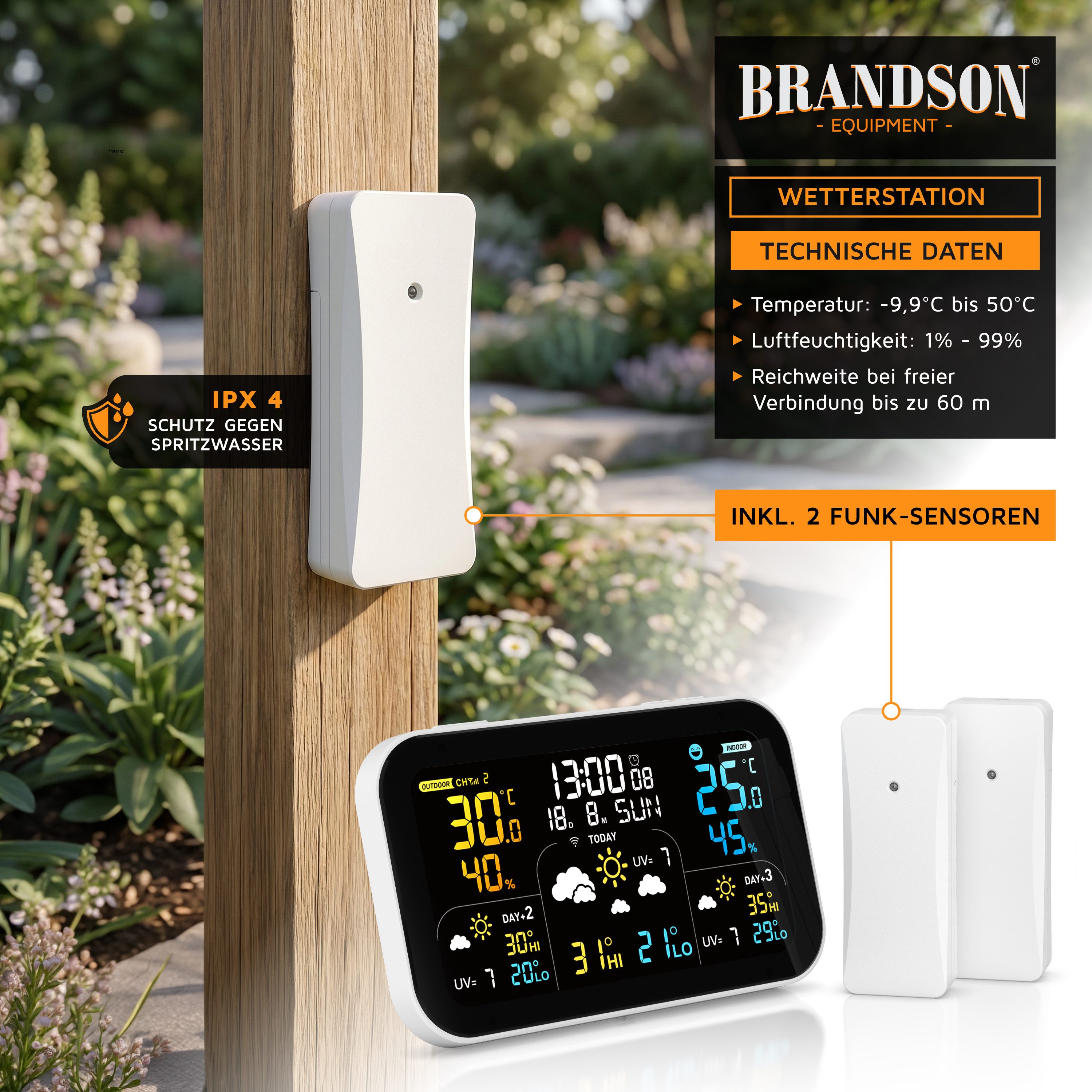 Brandson Funk Wetterstation mit Wlan & Farbdisplay, App & 2 Außensensoren Wetterstation (2x Außensensor,Netzteil,Bedienungsanleitung, Tuya & Smart Life, 3-Tage- – Bild 4 von 5