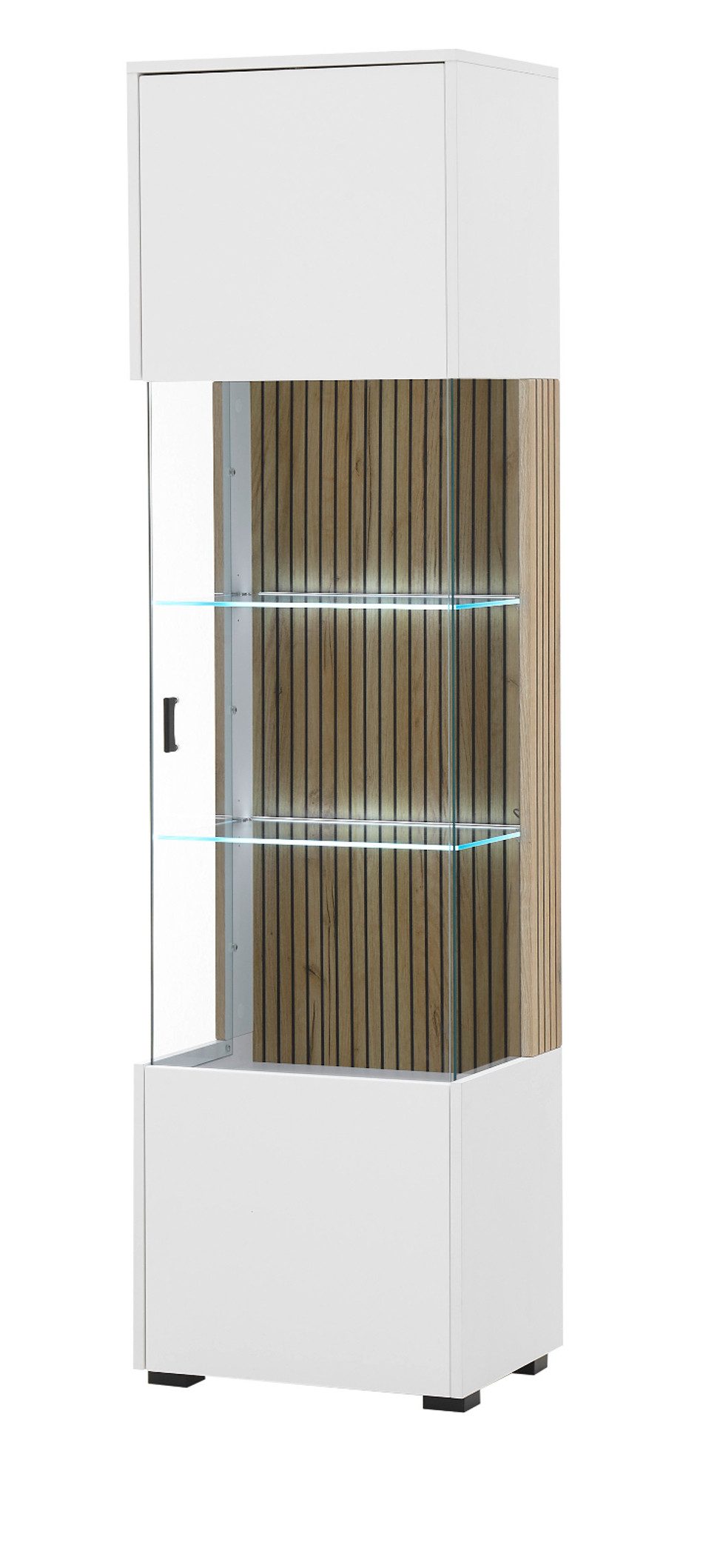 Furn.Design Glasvitrine Merced (Vitrine in weiß mit Eiche, 48 x 180 cm) Soft-Close