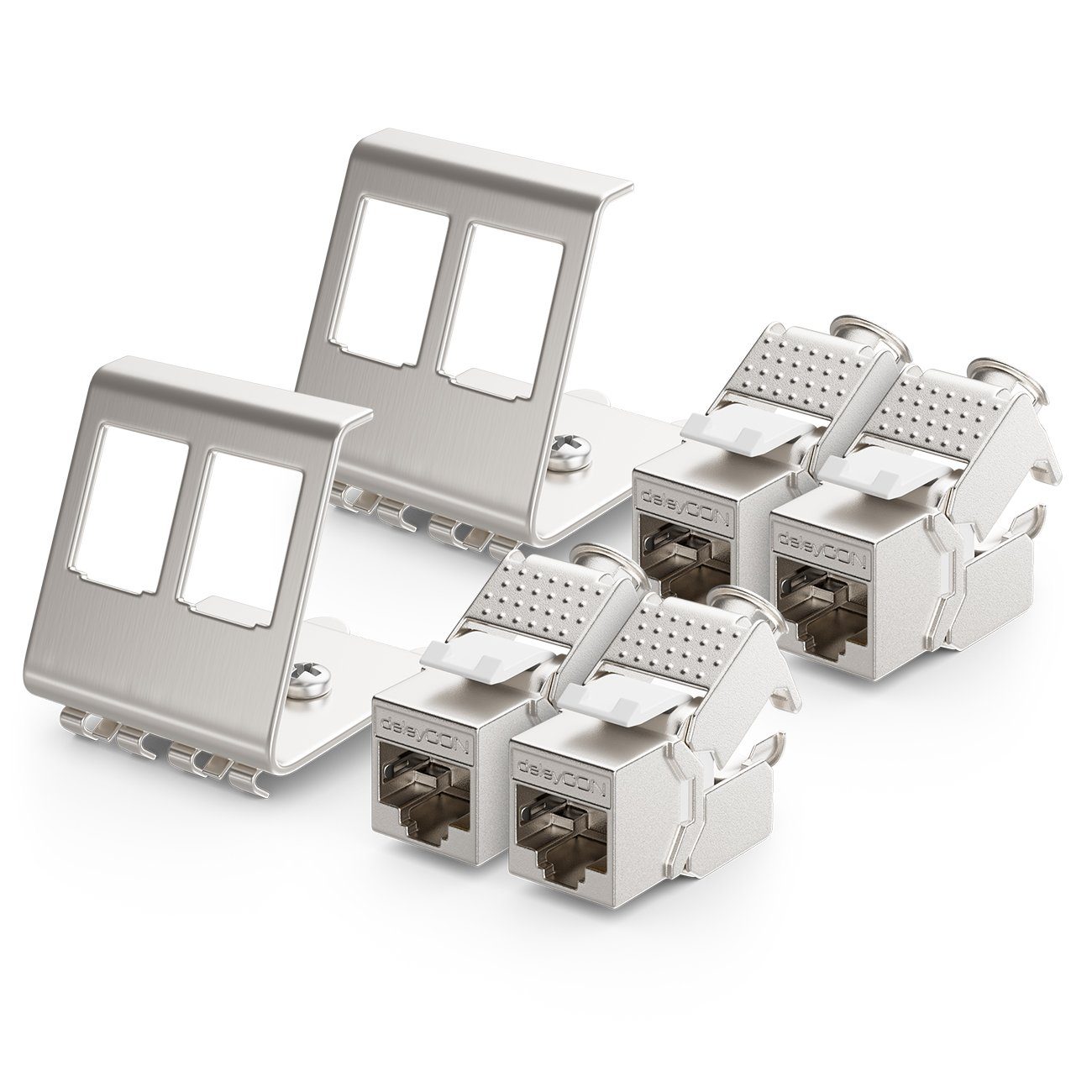 deleyCON 4x CAT6a Keystone & 2x 2-Port Hutschienenadapter Metall STP Netzwerk-Adapter