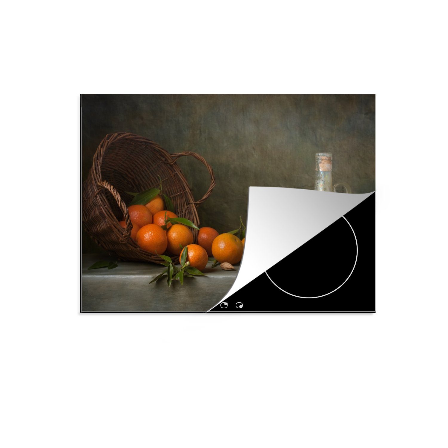 MuchoWow Herdblende-/Abdeckplatte Stilleben - Mandarine - Flasche, Vinyl, (1 tlg), 71x52 cm, Induktionskochfeld Schutz für die küche, Ceranfeldabdeckung