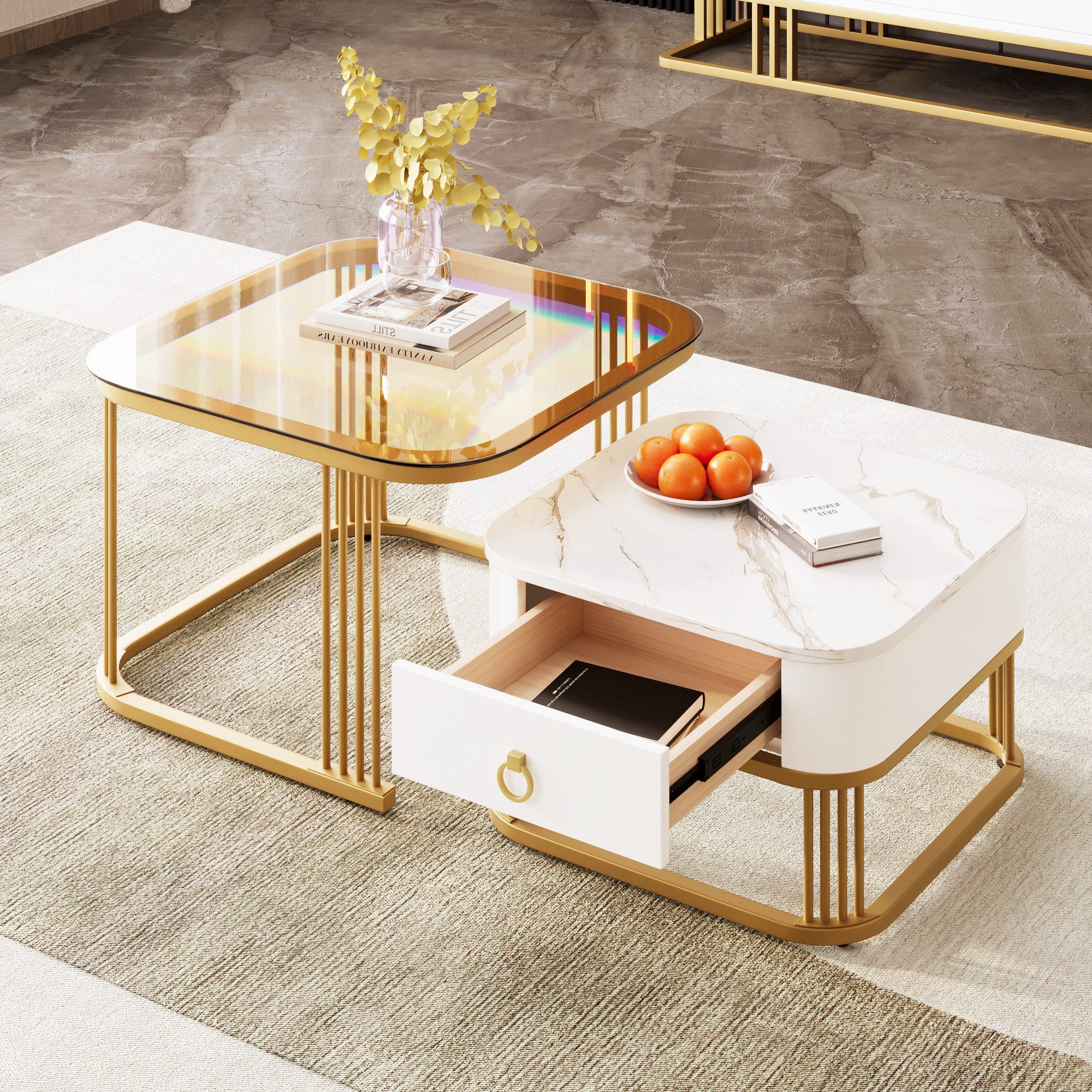 Odikalo Couchtisch Beistelltisch Sofatisch Kaffeetisch Marmoroptik Glasplatte Schubladen, tish1:60*60*45,5 tish2: 50*50*34,5cm