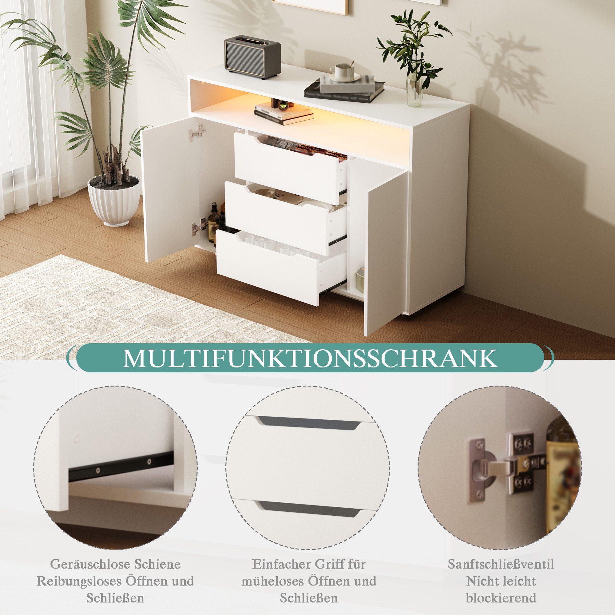 MODFU Sideboard Schubladenschrank mit offenem Regal (Kommode ...