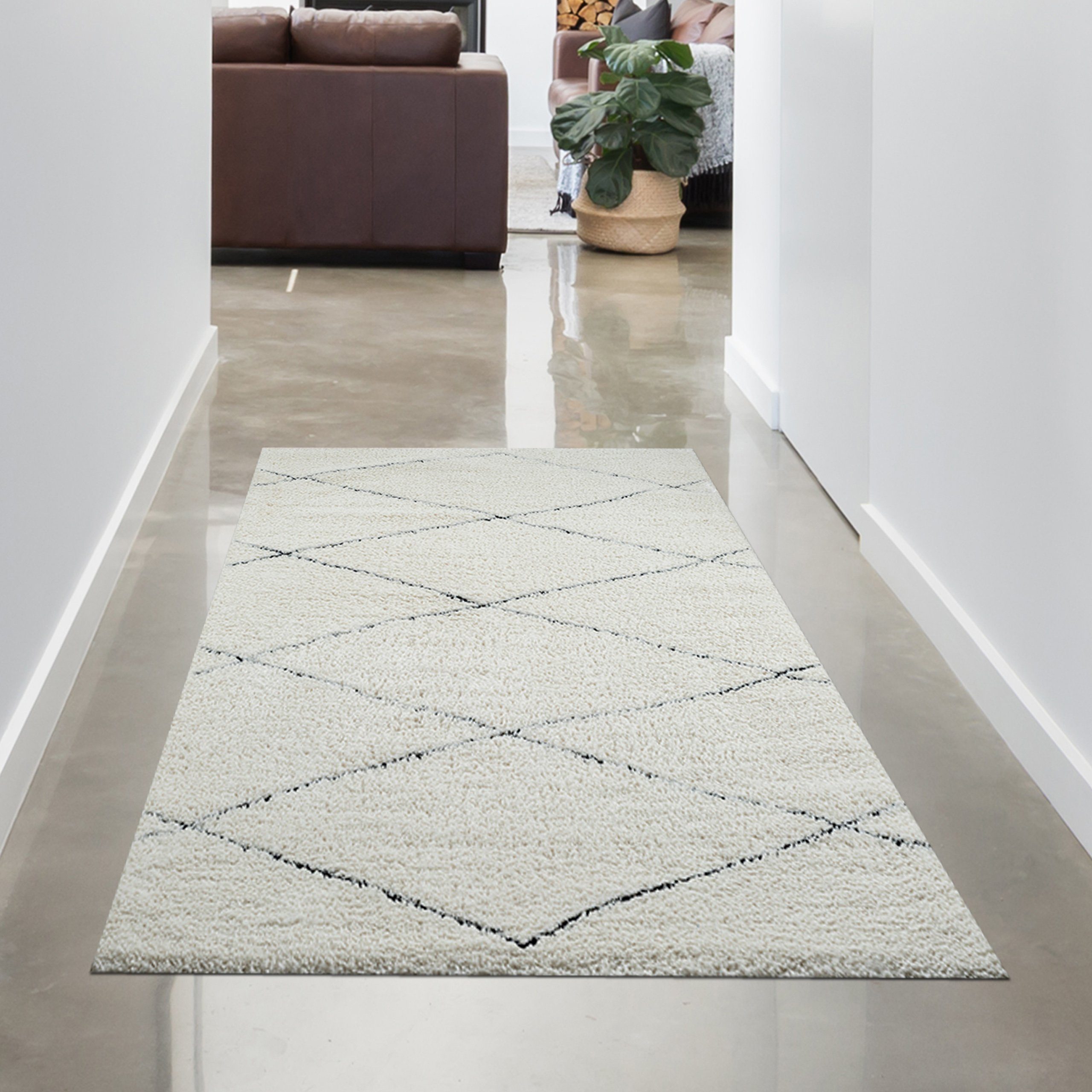 Carpetia Teppich Skandinavisch Wohnzimmerteppich Hochflor Rautenmuster weiß schwarz, rechteckig, Höhe: 30 mm