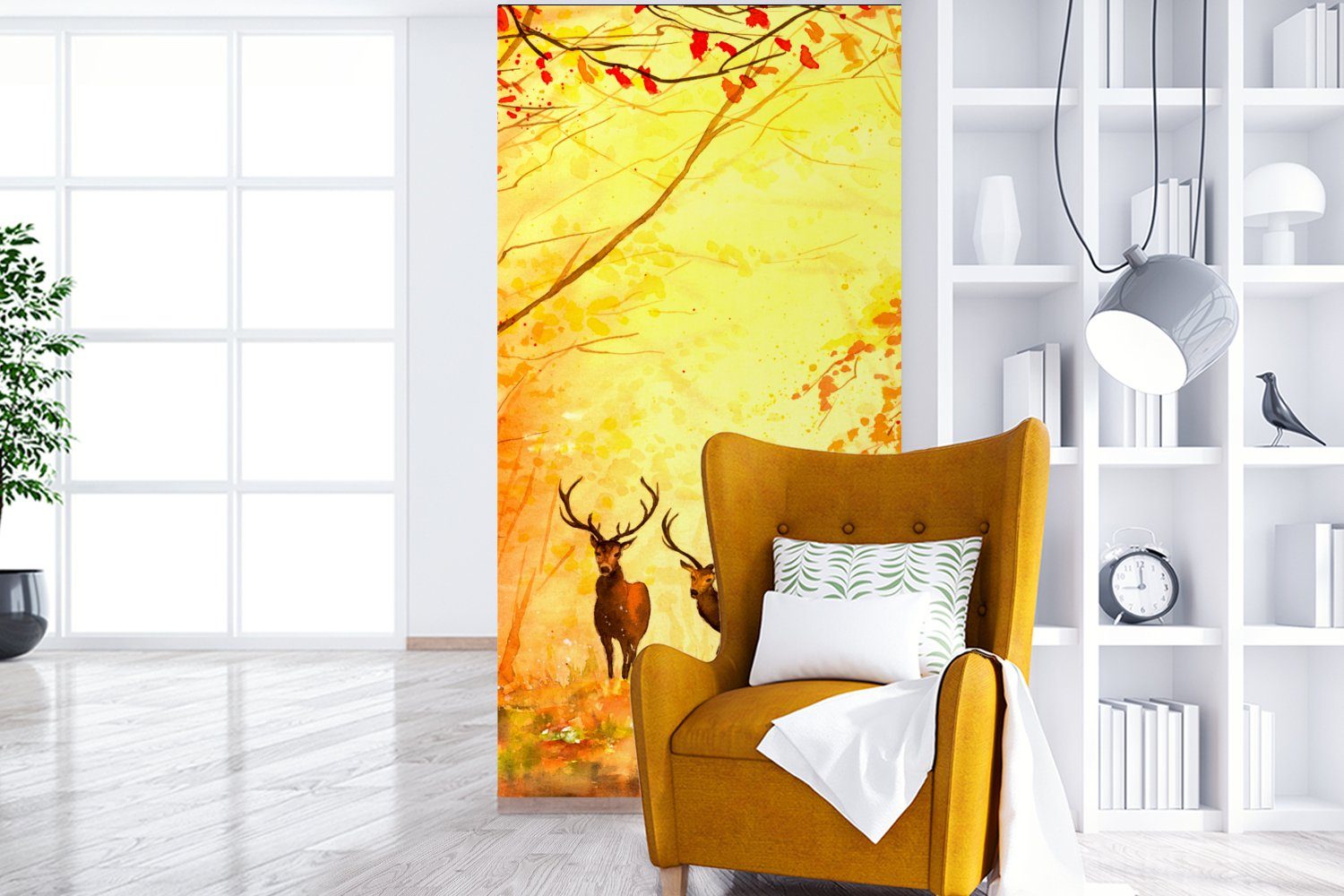 Schlafzimmer Hirsche Wohnzimmer Küche, - St), (2 Vliestapete - Fototapete - Tiere Herbst Matt, - Ölfarbe Fototapete für Orange, MuchoWow - Natur bedruckt,