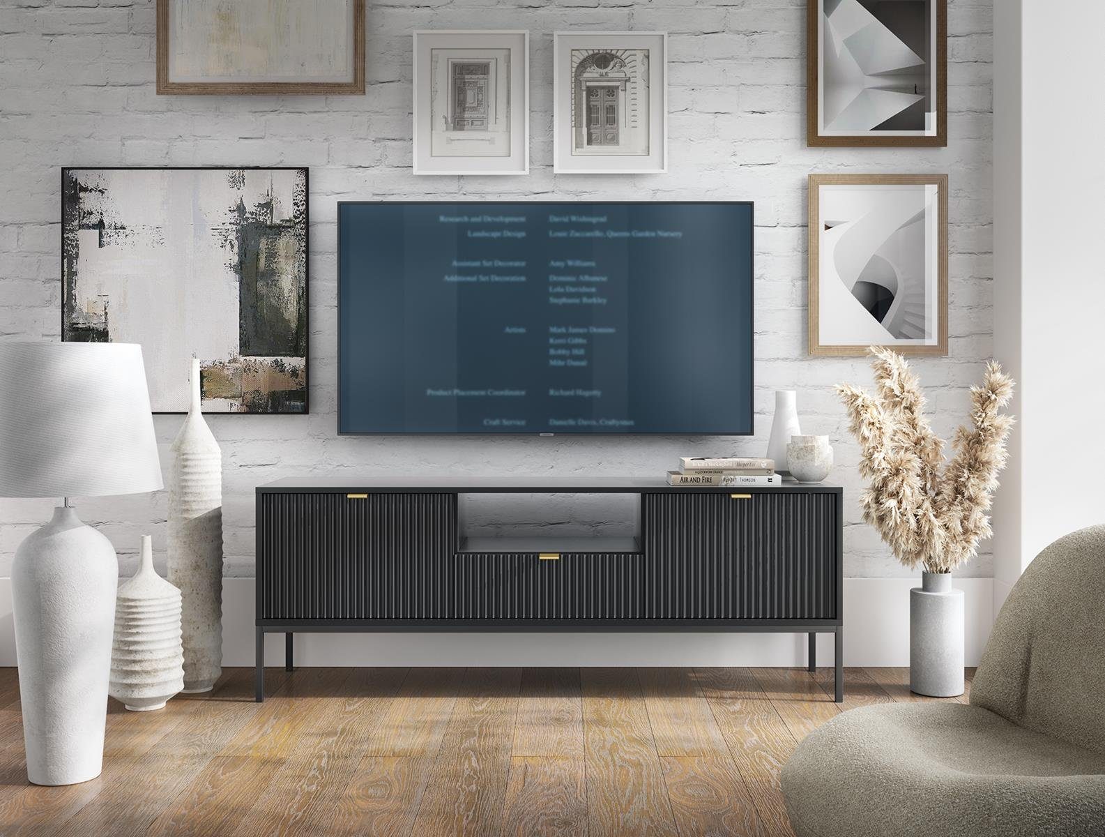 Beautysofa TV-Schrank (Metallgestell, Schwarz Stil für / modernes Farbe) Lowboard Weiß Wohnzimmer, Novia / im Grau