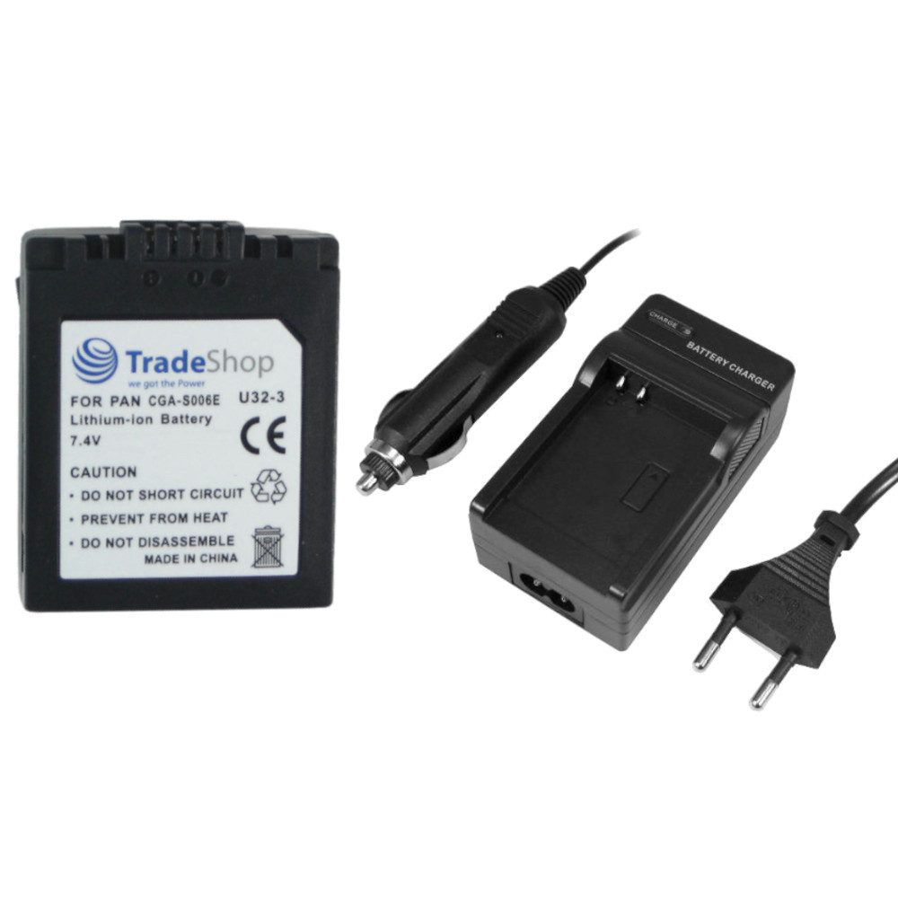 Trade-Shop 2in1 Set passend für Panasonic Lumix DMC-FZ28 DMC-FZ28EG Ladegerät + Kamera-Akku Li-Ion 1500 mAh (7,2 V), Für 220V Steckdose und 12V/24V Kfz Zigarettenanzünder